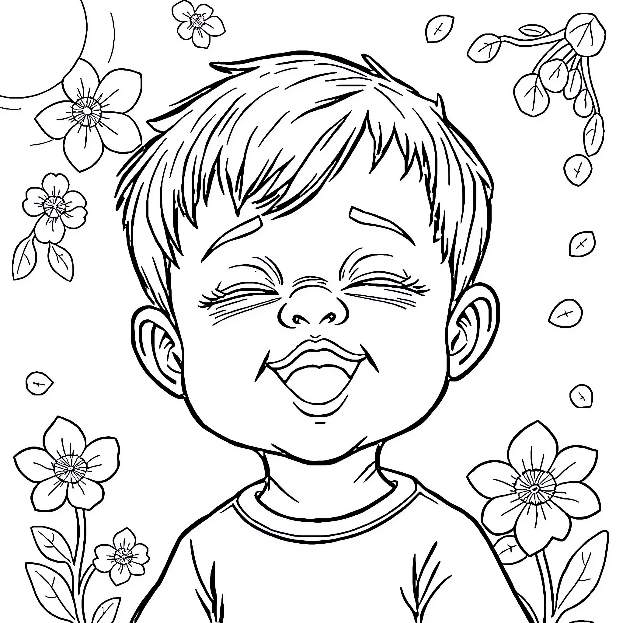 Child enjoying the flowers Coloring Page (free black-and-white line drawing printable PDF for all, from beginners to advanced learners, including children, teens, adults, and seniors)