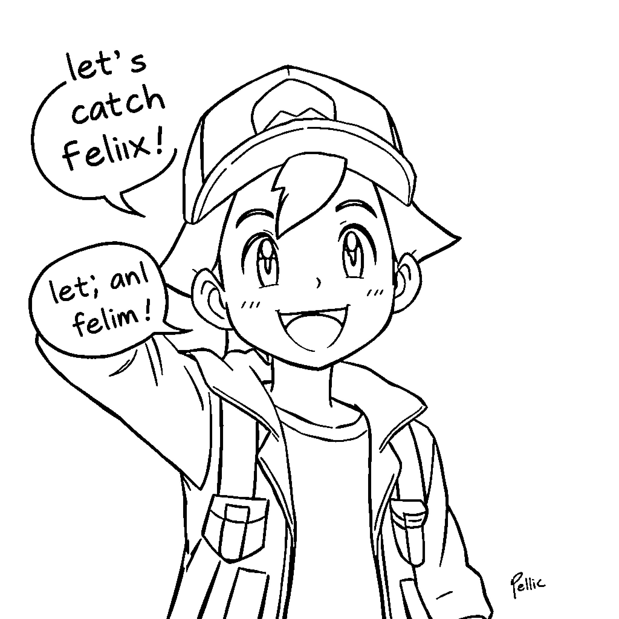 Ash's Exciting Adventure with Felix the Cat Coloring Page (free black-and-white line drawing printable PDF for all, from beginners to advanced learners, including children, teens, adults, and seniors)