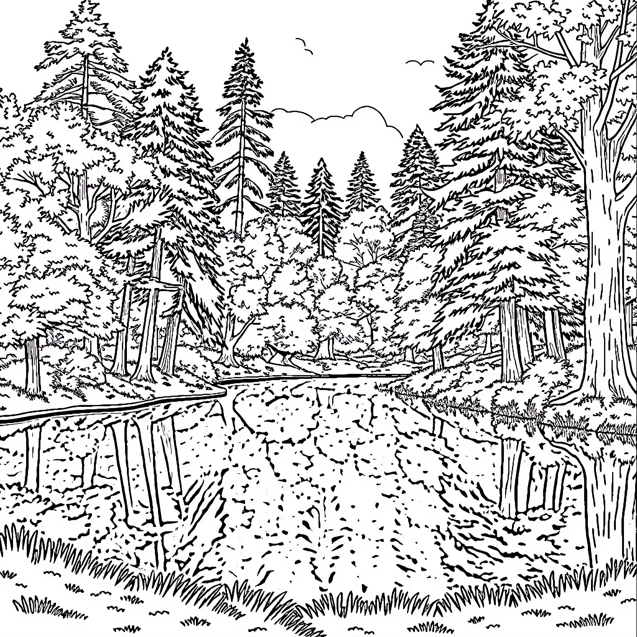 Park with lush forest and winding path Coloring Page (free black-and-white line drawing printable PDF for all, from beginners to advanced learners, including children, teens, adults, and seniors)