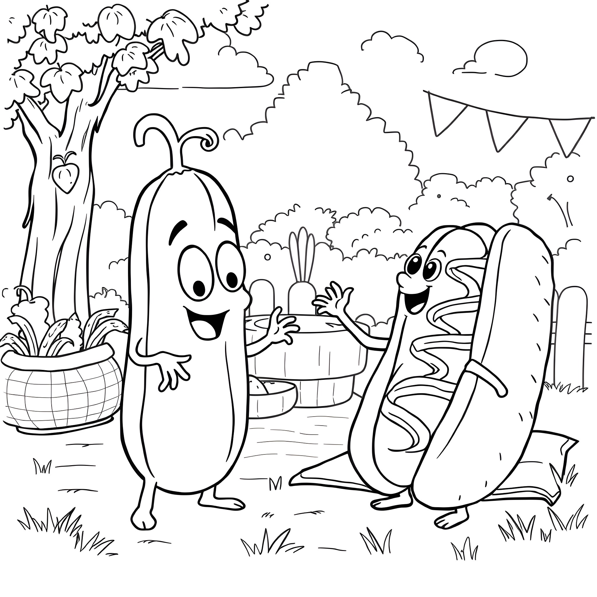 Cucumber characters enjoying a fun outdoor scene Coloring Page (free black-and-white line drawing printable PDF for all, from beginners to advanced learners, including children, teens, adults, and seniors)