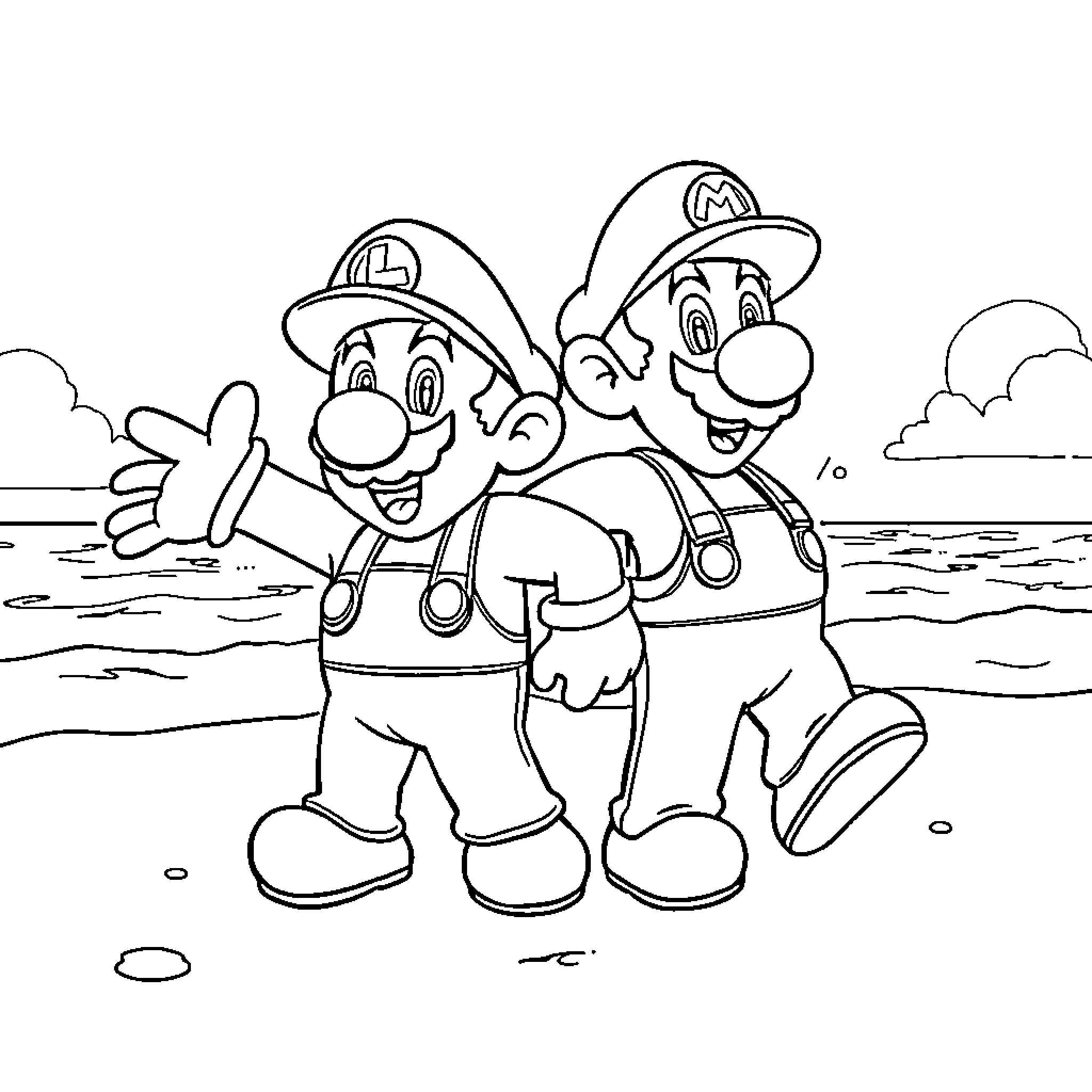 Mario and Luigi Exploring the Outdoors Coloring Page (free black-and-white line drawing printable PDF for all, from beginners to advanced learners, including children, teens, adults, and seniors)