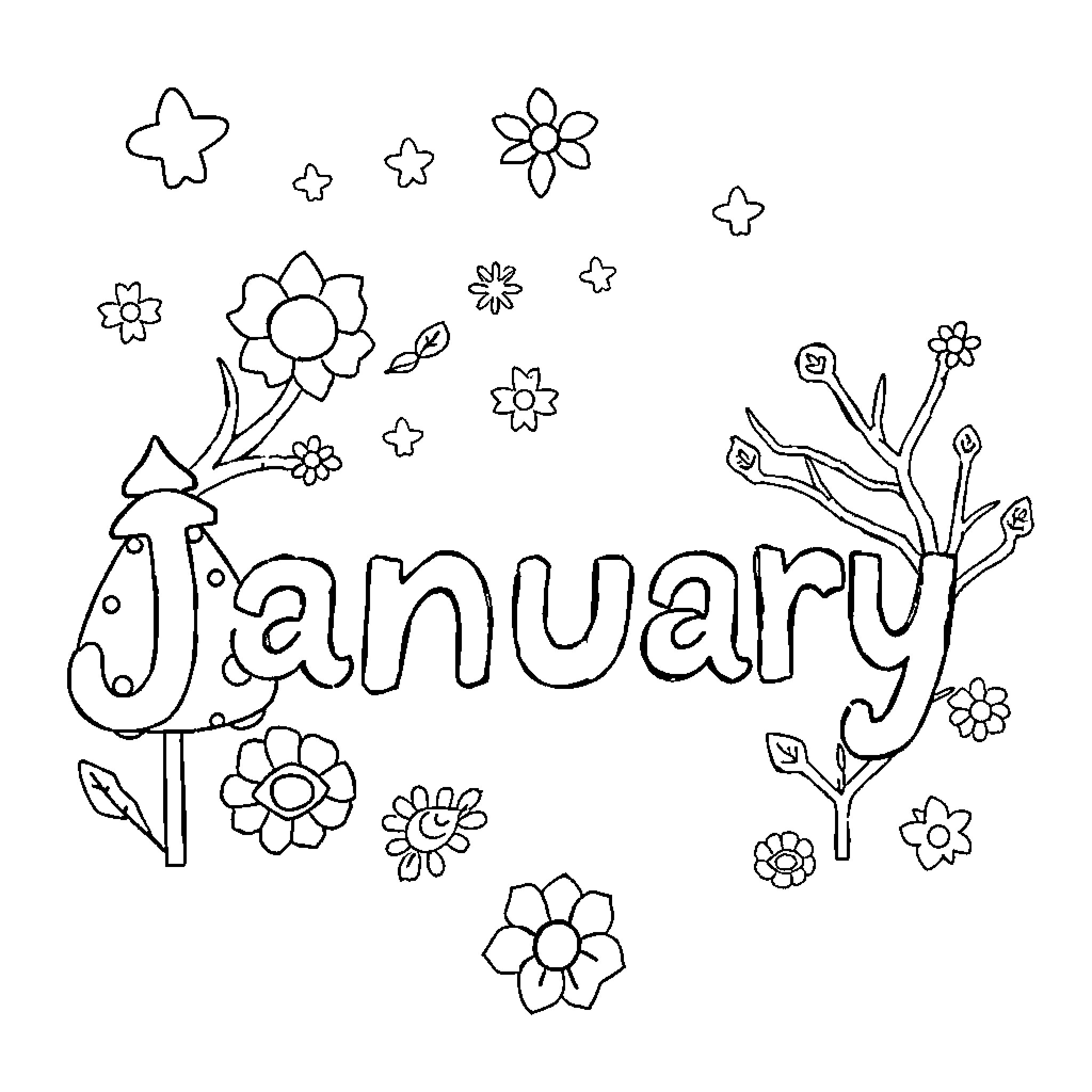 January Flowers and Branches Doodle Coloring Page (free black-and-white line drawing printable PDF for all, from beginners to advanced learners, including children, teens, adults, and seniors)