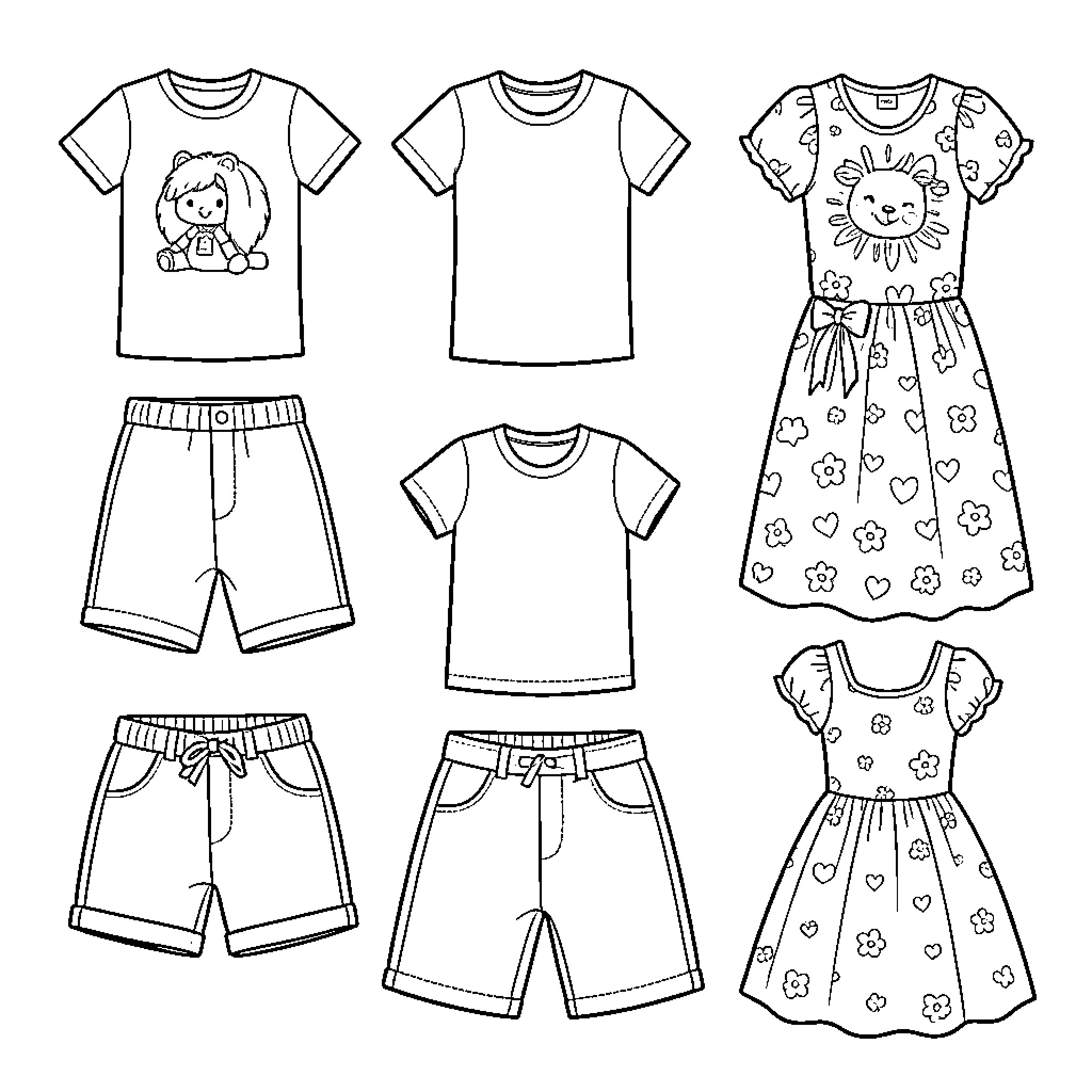 Clothes with Playful Designs and Patterns Coloring Page (free black-and-white line drawing printable PDF for all, from beginners to advanced learners, including children, teens, adults, and seniors)