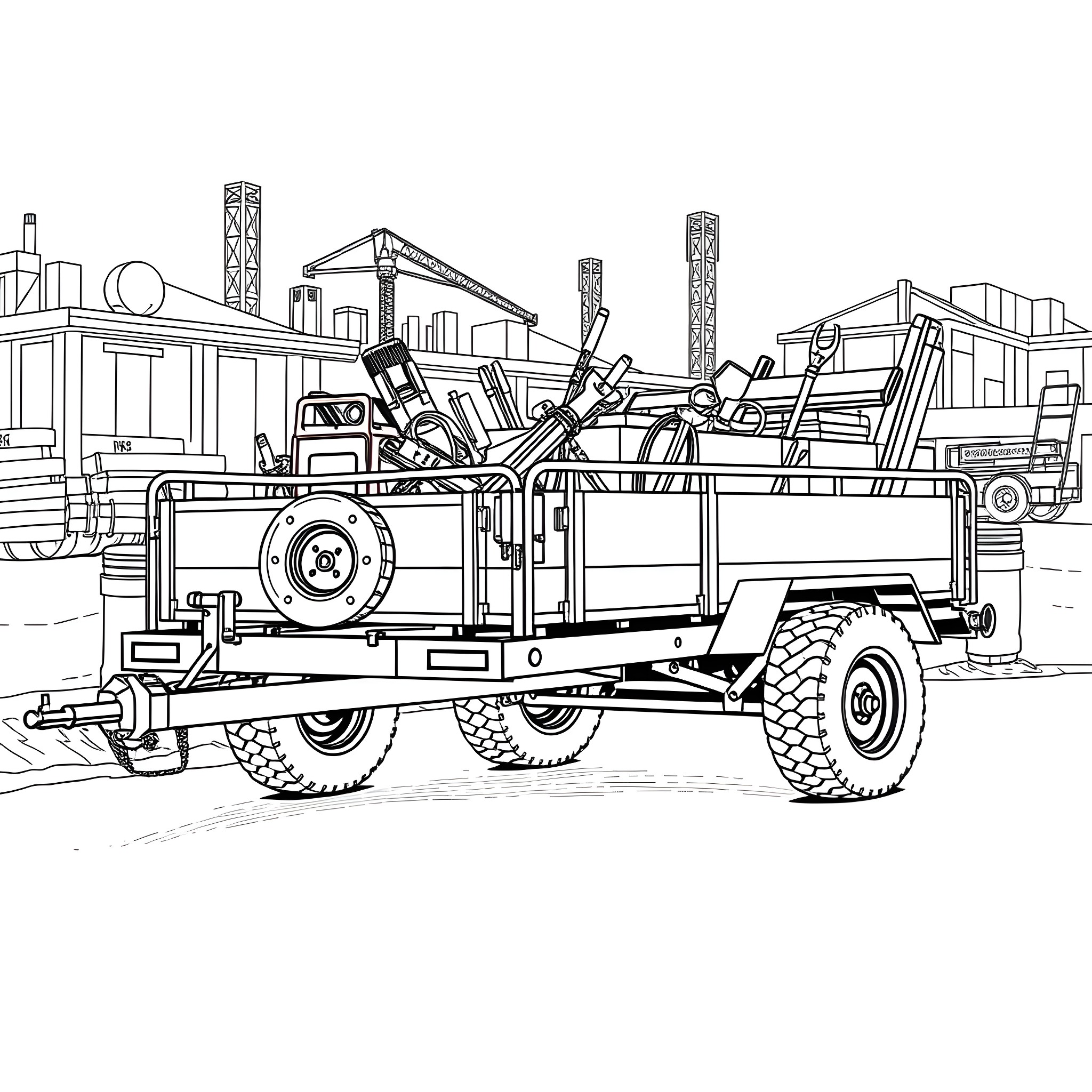 Trailer of construction equipment and materials Coloring Page (free black-and-white line drawing printable PDF for all, from beginners to advanced learners, including children, teens, adults, and seniors)