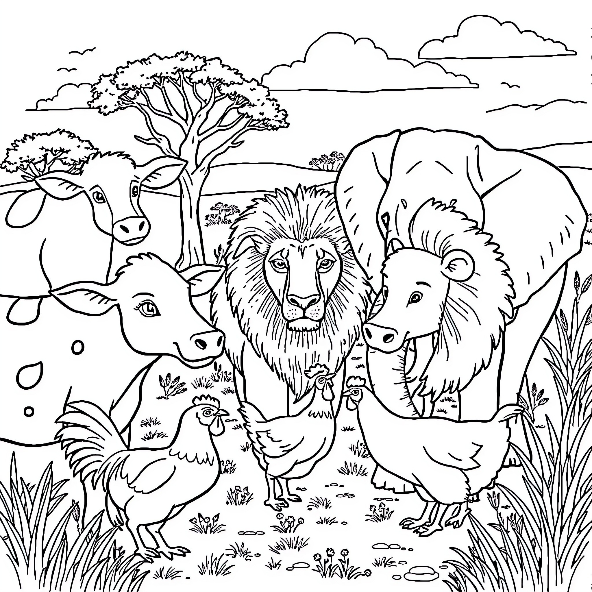 Animal Gathering in a Scenic Savanna Landscape Coloring Page (free black-and-white line drawing printable PDF for all, from beginners to advanced learners, including children, teens, adults, and seniors)
