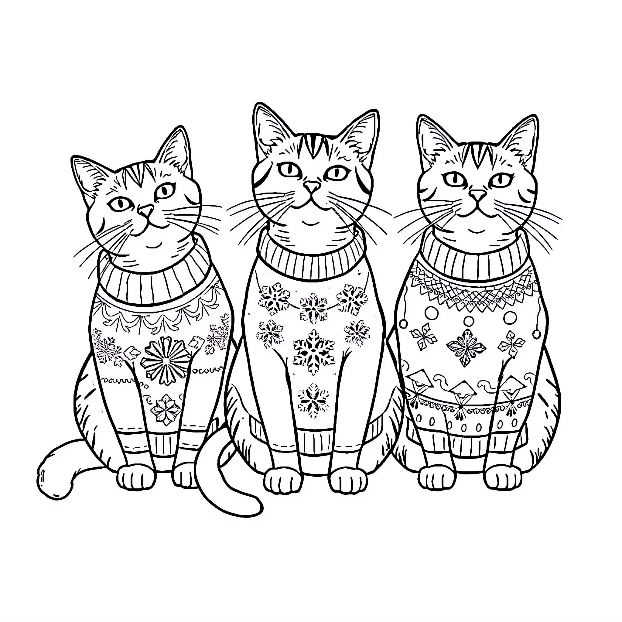 Cat trio in sweaters with floral designs Coloring Page (free black-and-white line drawing printable PDF for all, from beginners to advanced learners, including children, teens, adults, and seniors)