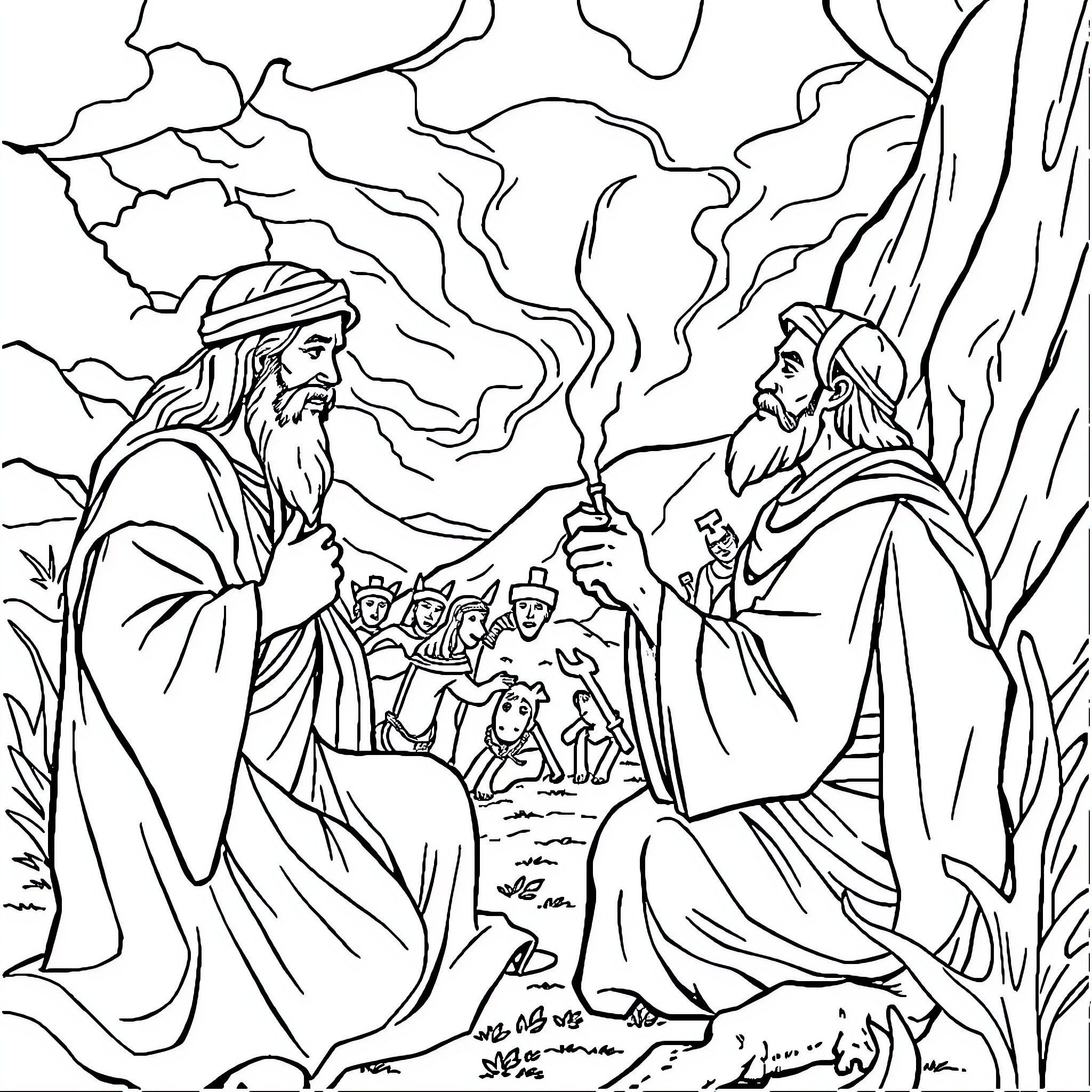 Bible Scene of Two Men in Conversation Coloring Page (free black-and-white line drawing printable PDF for all, from beginners to advanced learners, including children, teens, adults, and seniors)