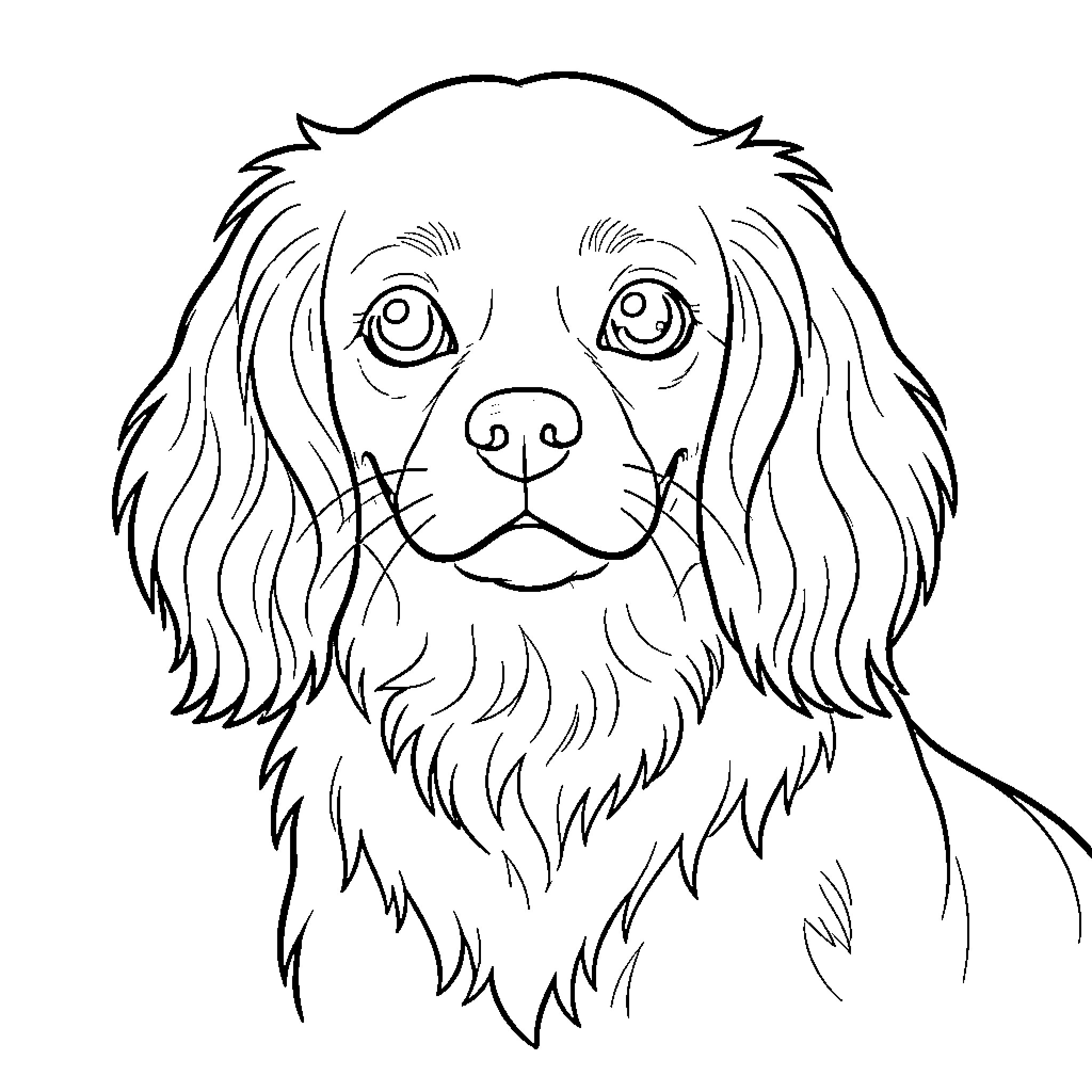 Cavalier King Charles Spaniel with curious expression Coloring Page (free black-and-white line drawing printable PDF for all, from beginners to advanced learners, including children, teens, adults, and seniors)