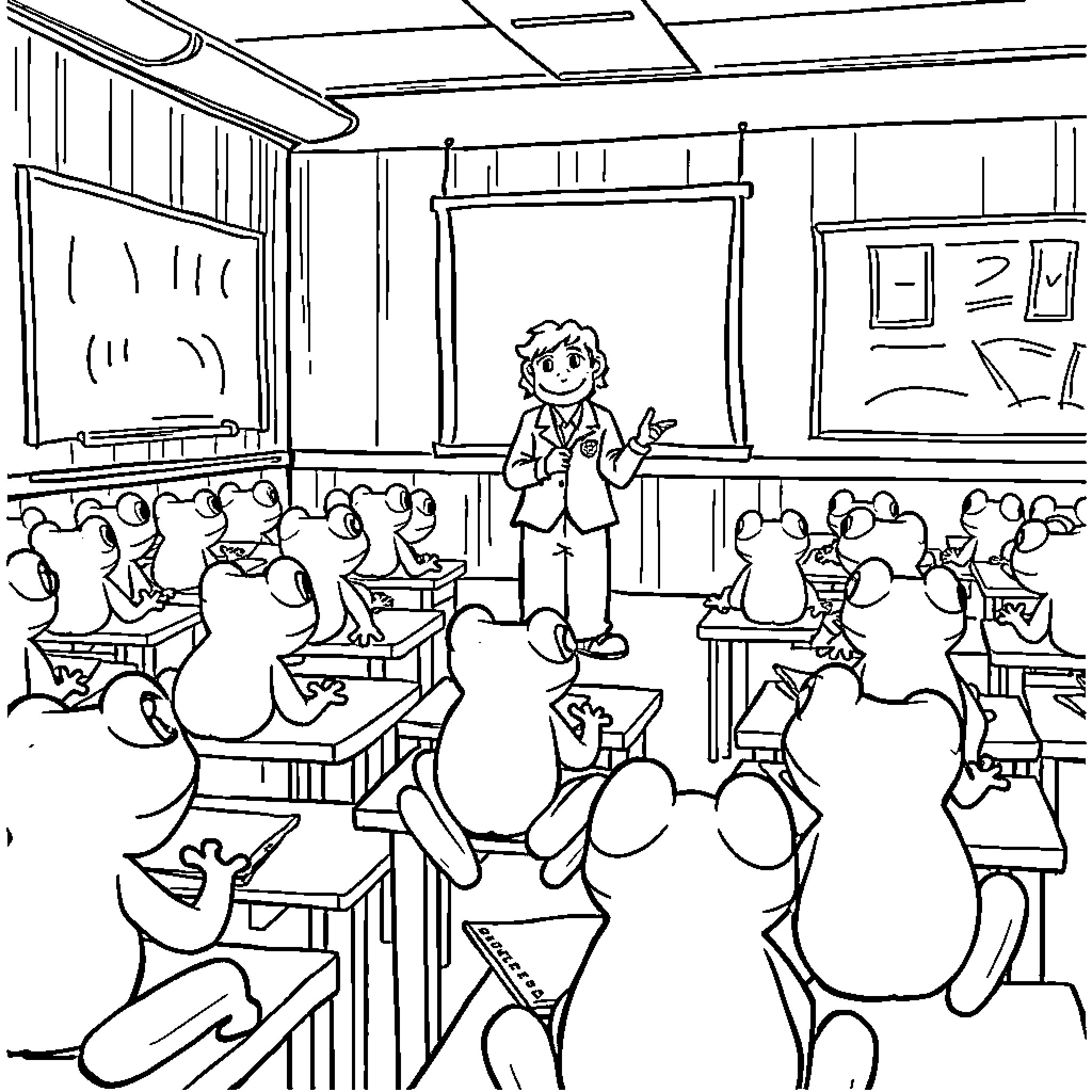 Teacher addressing students in classroom Coloring Page (free black-and-white line drawing printable PDF for all, from beginners to advanced learners, including children, teens, adults, and seniors)