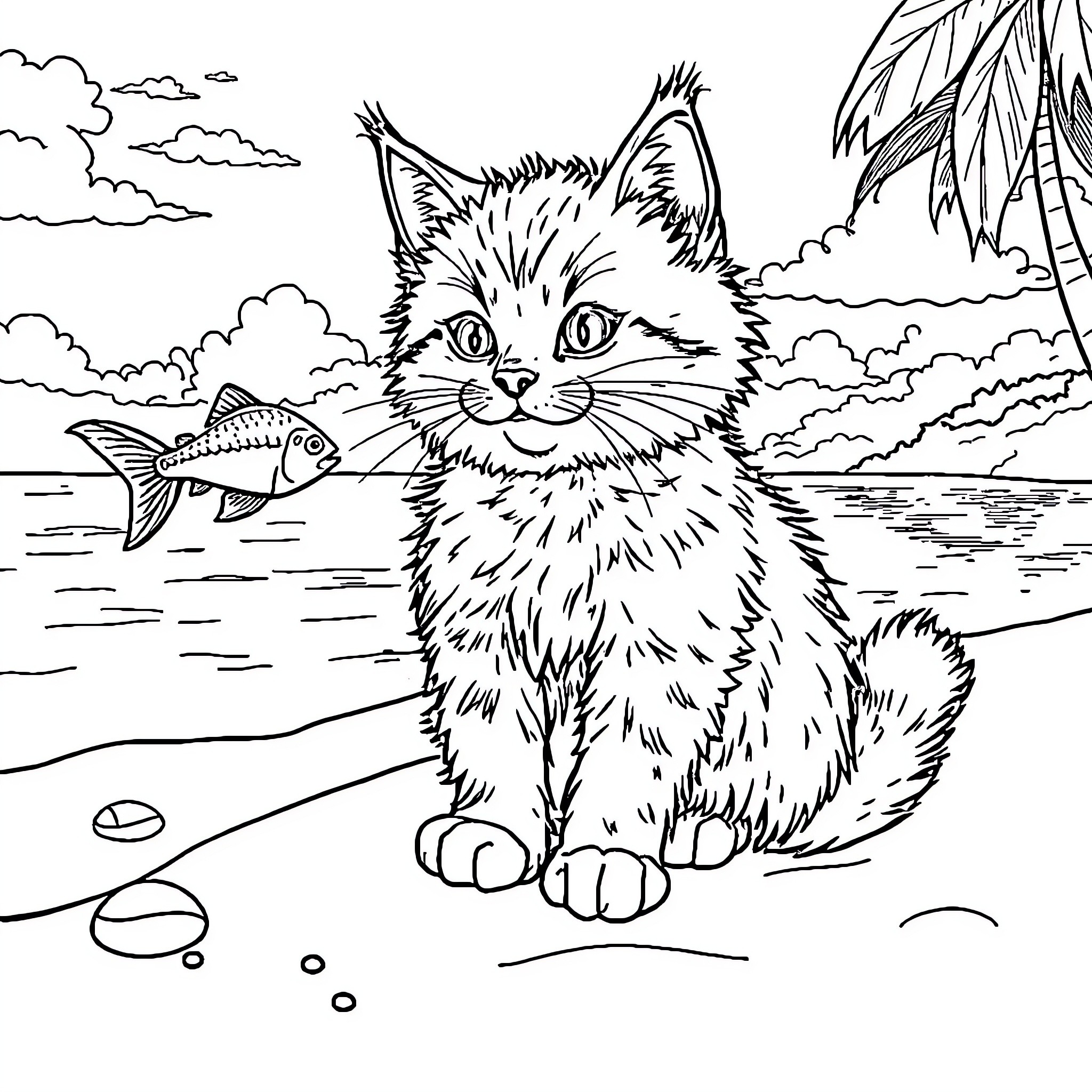 Cat gazing at fish in tropical beach scenery Coloring Page (free black-and-white line drawing printable PDF for all, from beginners to advanced learners, including children, teens, adults, and seniors)