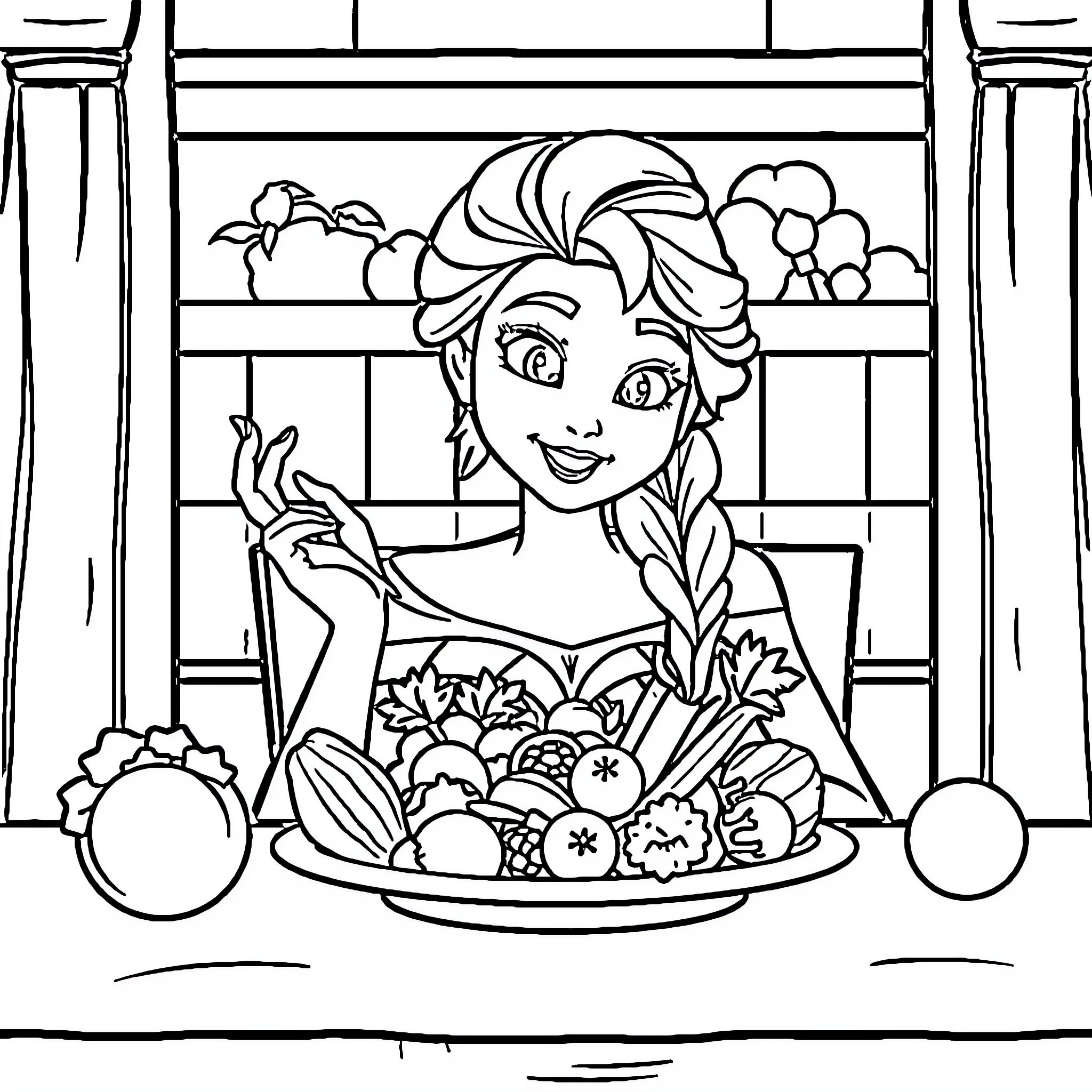 Elsa's Bountiful Harvest: A Feast of Delights Coloring Page (free black-and-white line drawing printable PDF for all, from beginners to advanced learners, including children, teens, adults, and seniors)