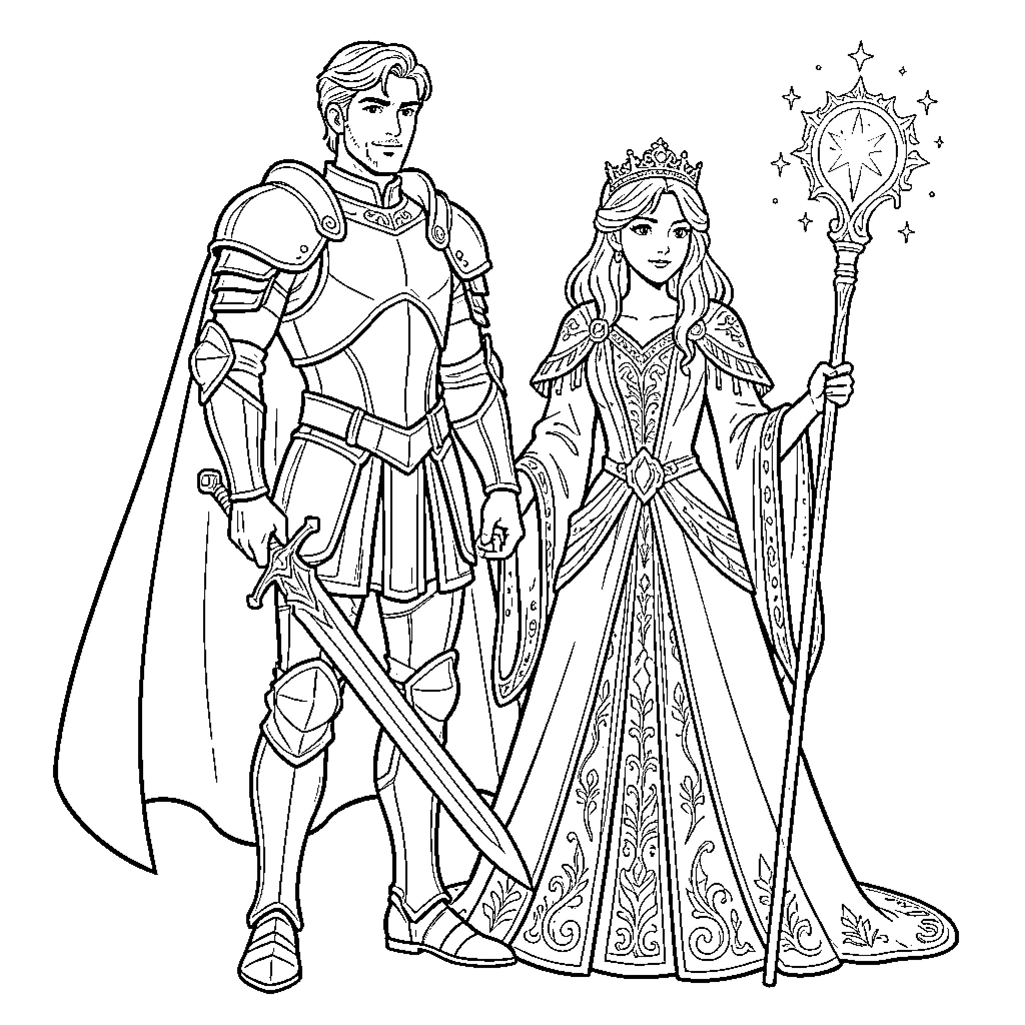 Prince and Princess standing together in royal attire Coloring Page (free black-and-white line drawing printable PDF for all, from beginners to advanced learners, including children, teens, adults, and seniors)