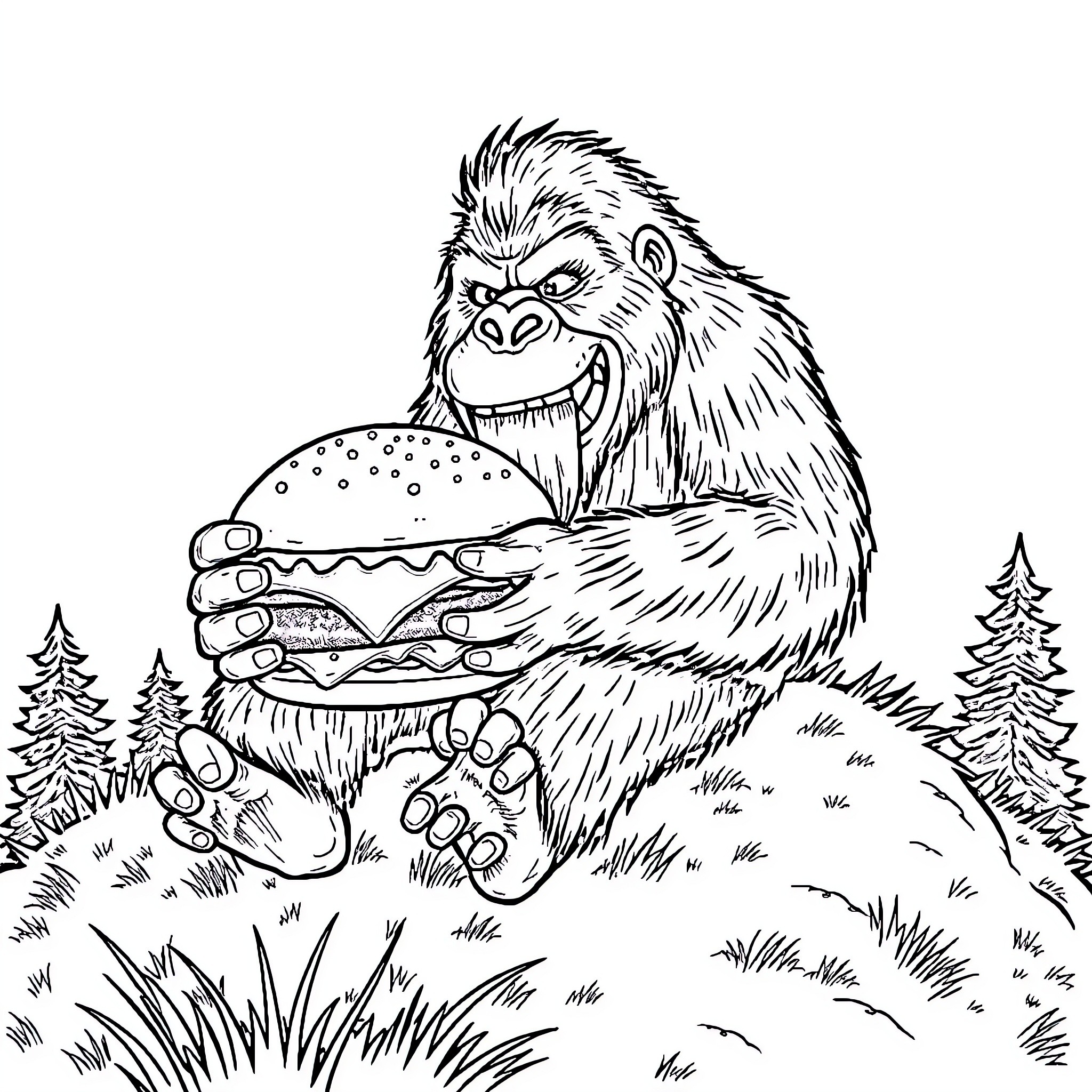 Sasquatch Enjoying a Tasty Snack in the Woods Coloring Page (free black-and-white line drawing printable PDF for all, from beginners to advanced learners, including children, teens, adults, and seniors)