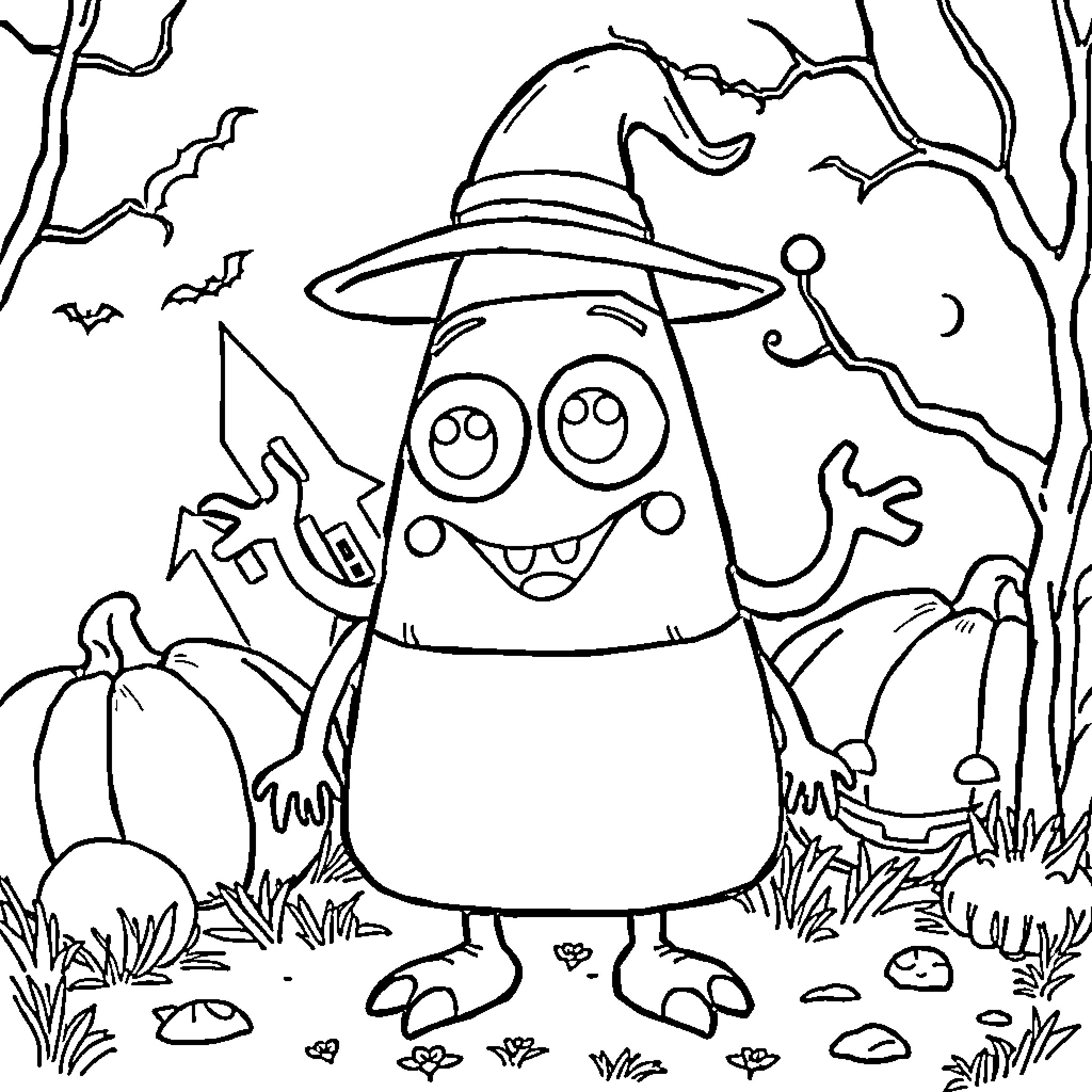 Candy Corn Monster Trick-or-Treating in the Haunted Forest Coloring Page (free black-and-white line drawing printable PDF for all, from beginners to advanced learners, including children, teens, adults, and seniors)