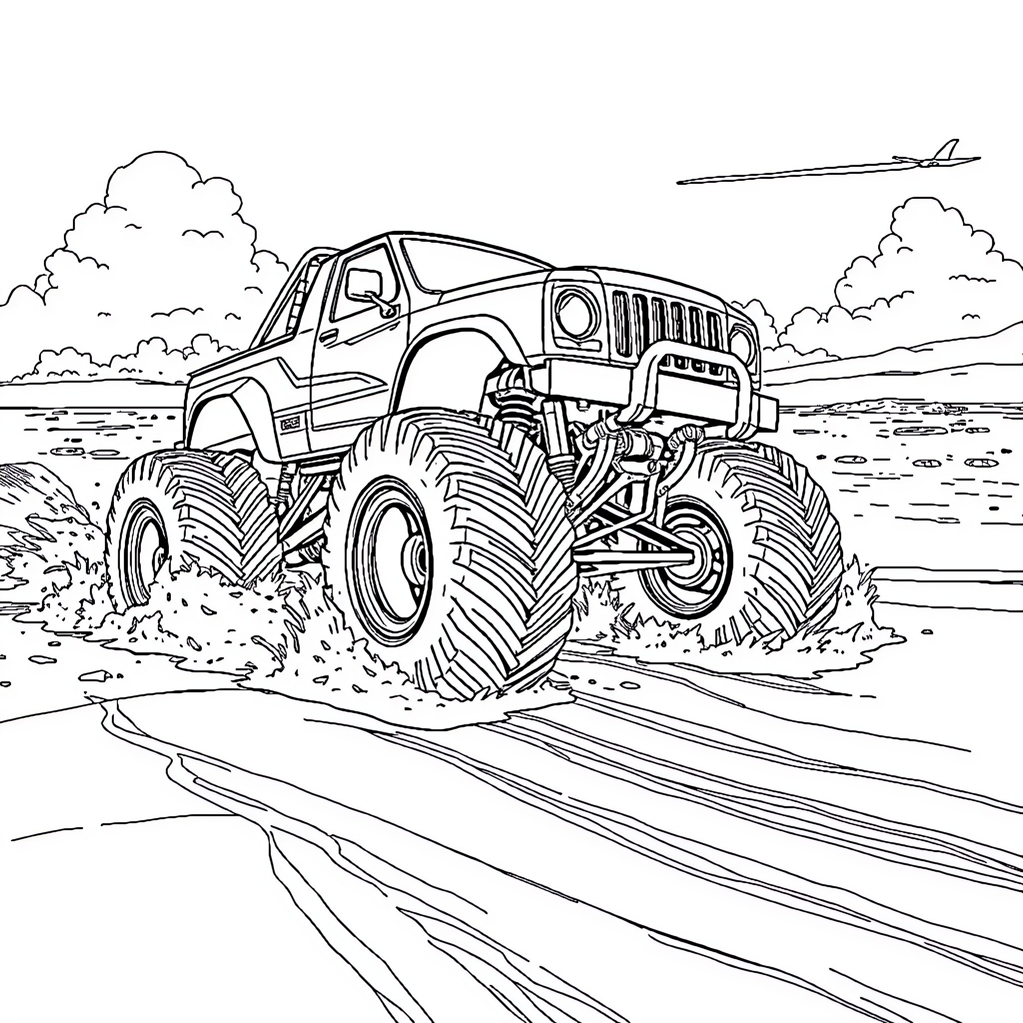Monster Truck Navigating Rugged Terrain Coloring Page (free black-and-white line drawing printable PDF for all, from beginners to advanced learners, including children, teens, adults, and seniors)