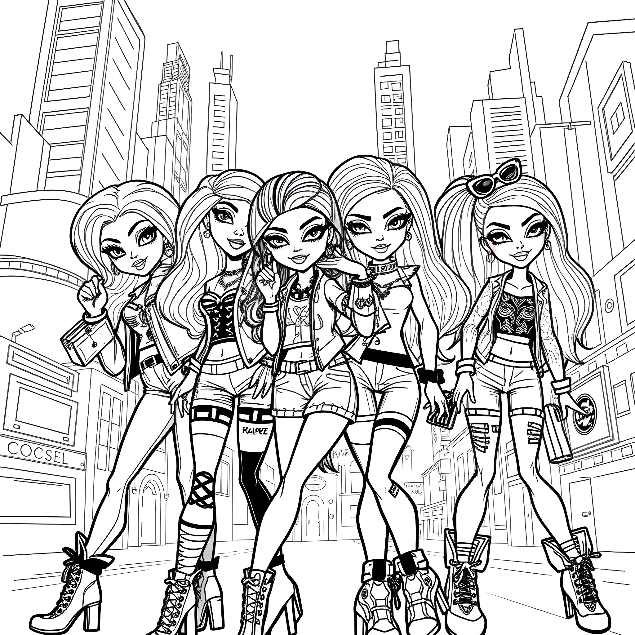 Bratz dolls in stylish urban outfits Coloring Page (free black-and-white line drawing printable PDF for all, from beginners to advanced learners, including children, teens, adults, and seniors)