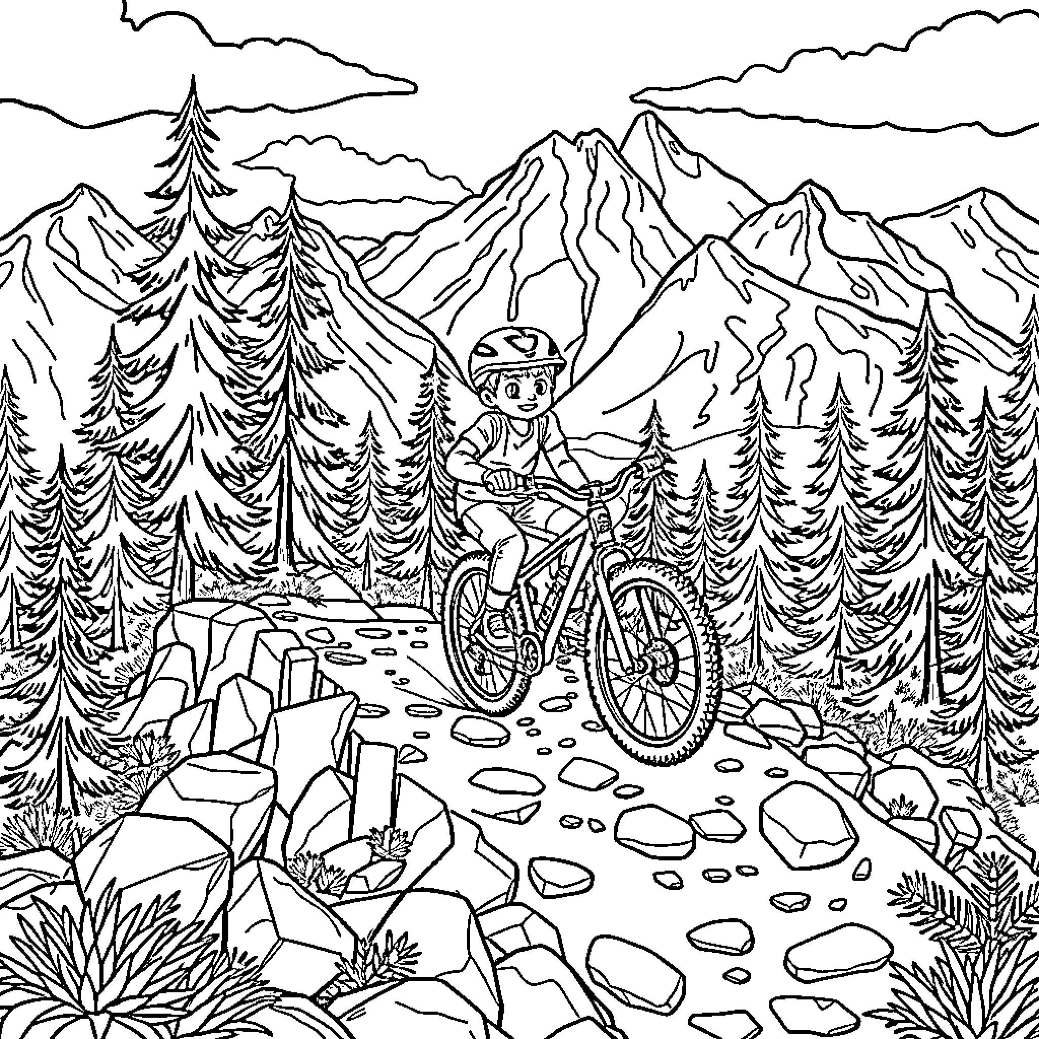 Boy riding bicycle on a rocky mountain trail Coloring Page (free black-and-white line drawing printable PDF for all, from beginners to advanced learners, including children, teens, adults, and seniors)