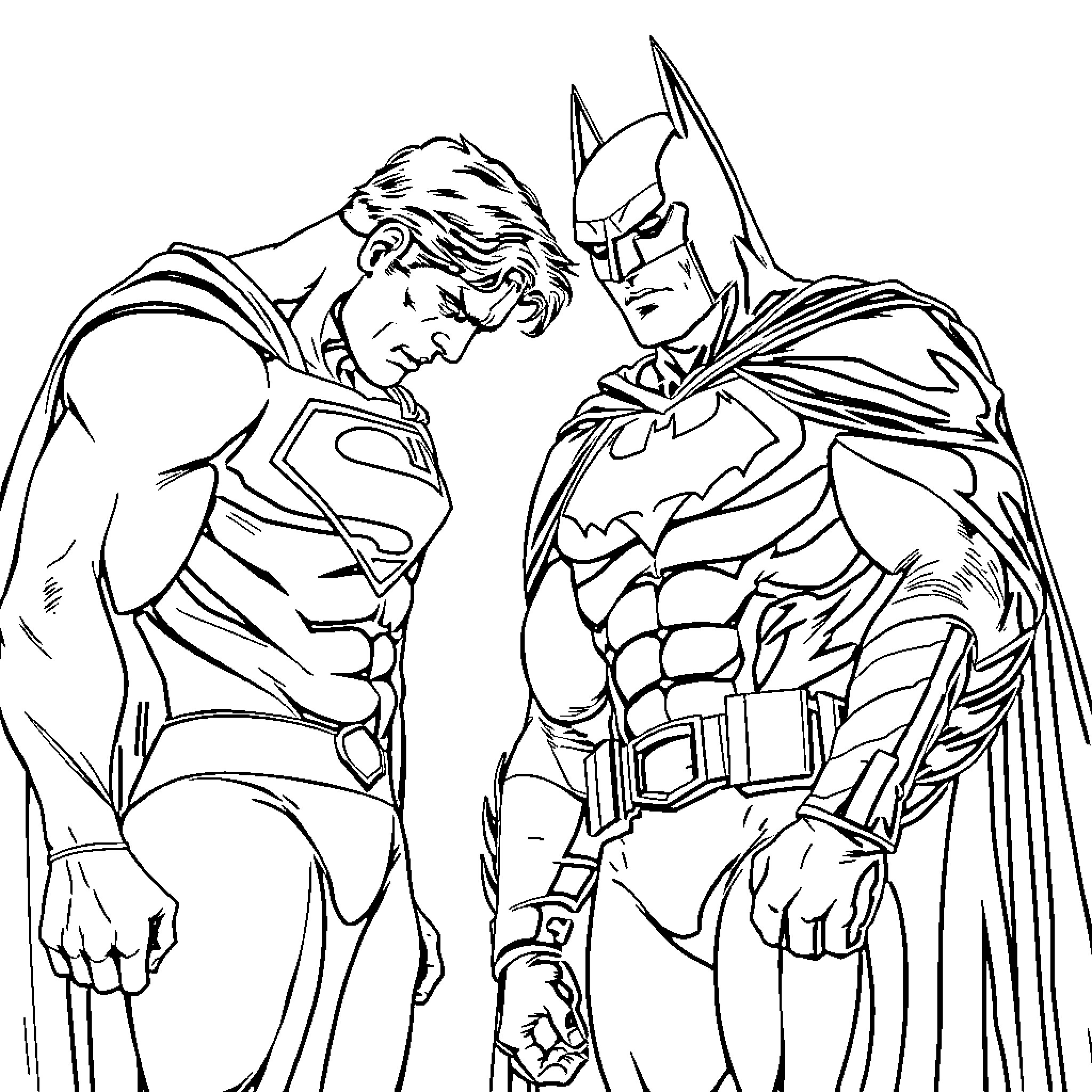 Superman and Batman in Heroic Standoff Coloring Page (free black-and-white line drawing printable PDF for all, from beginners to advanced learners, including children, teens, adults, and seniors)