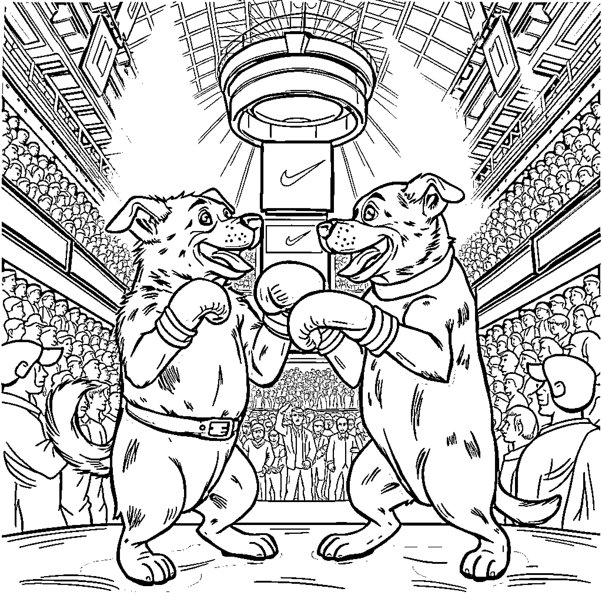 Dog athletes competing in a sporting event Coloring Page (free black-and-white line drawing printable PDF for all, from beginners to advanced learners, including children, teens, adults, and seniors)