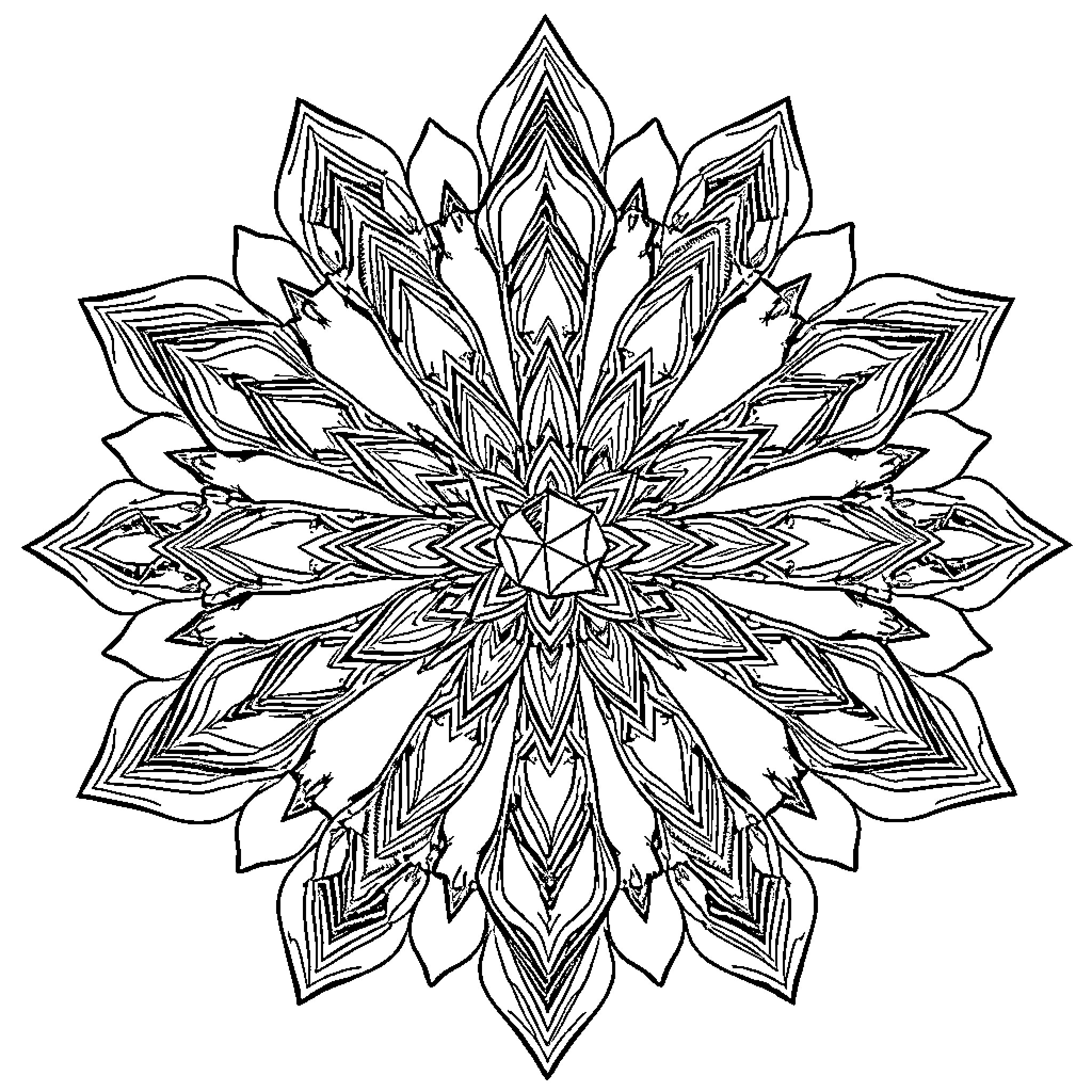 Quartz geometric flower-like mandala design Coloring Page (free black-and-white line drawing printable PDF for all, from beginners to advanced learners, including children, teens, adults, and seniors)