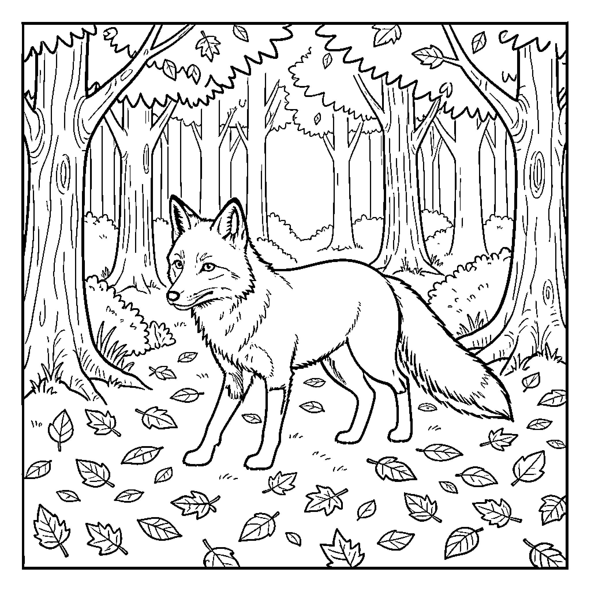 Fox standing calmly in a leafy forest setting Coloring Page (free black-and-white line drawing printable PDF for all, from beginners to advanced learners, including children, teens, adults, and seniors)