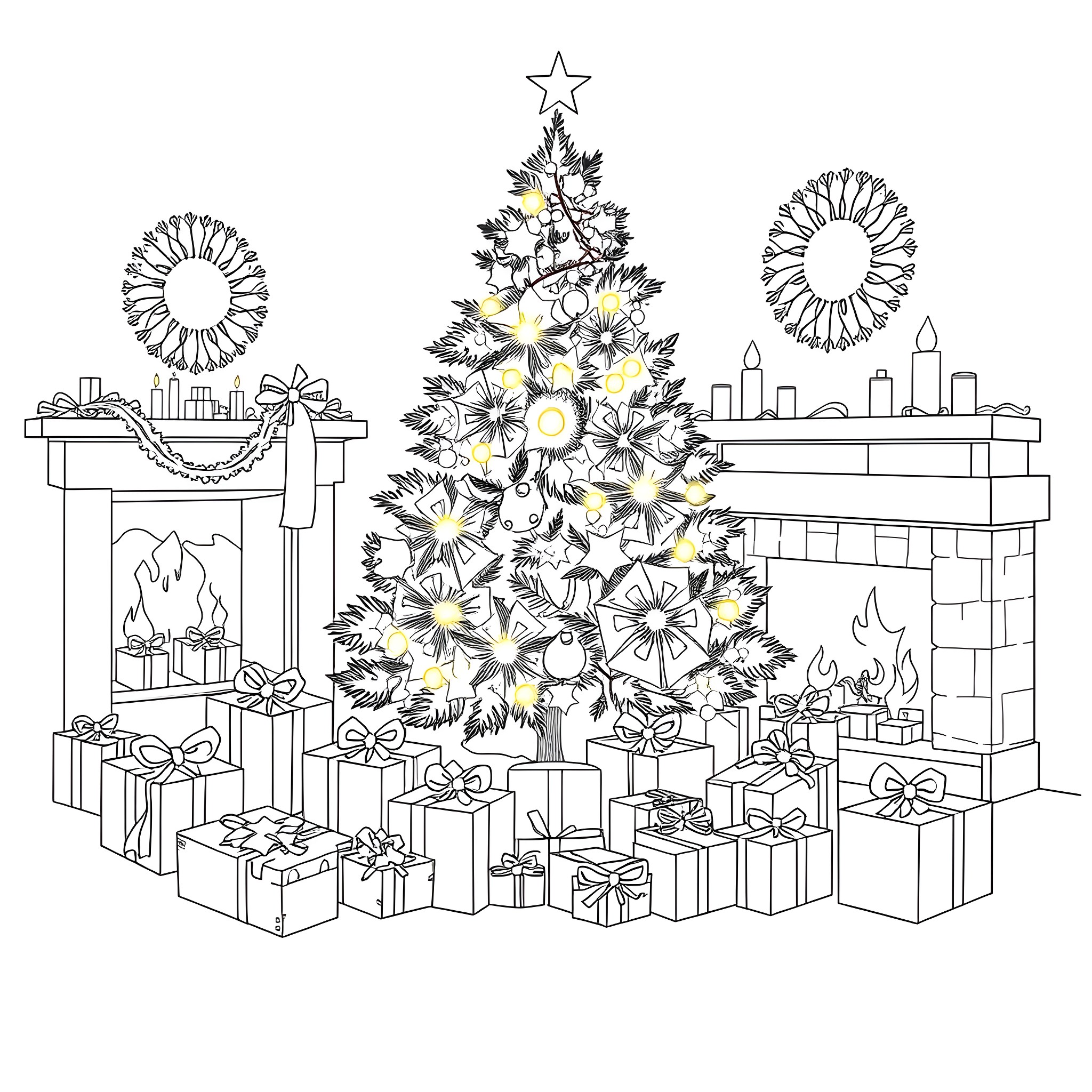 Xmas Tree with Gifts and Decorations Coloring Page (free black-and-white line drawing printable PDF for all, from beginners to advanced learners, including children, teens, adults, and seniors)