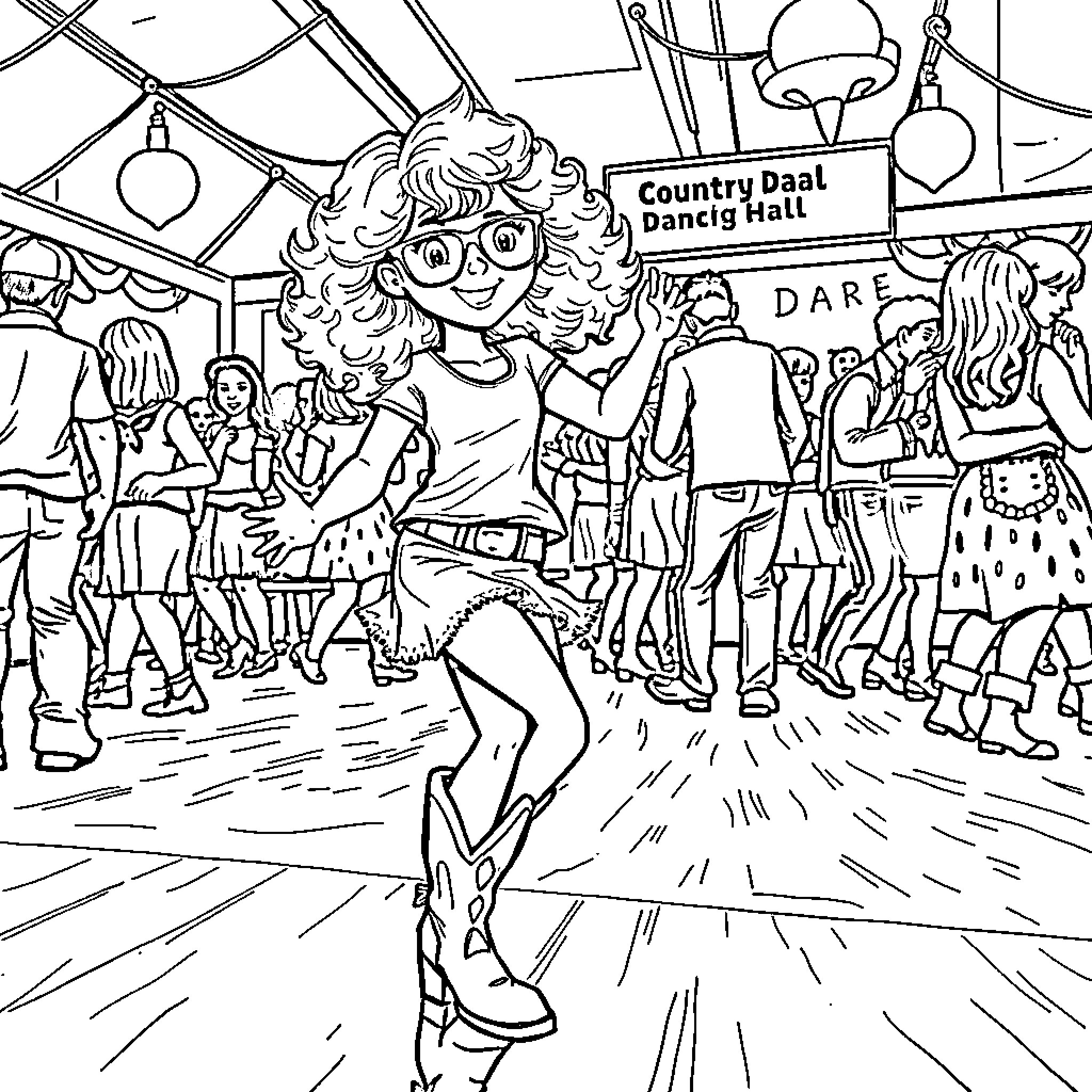Girl Dancing Happily at Country Dance Hall Coloring Page (free black-and-white line drawing printable PDF for all, from beginners to advanced learners, including children, teens, adults, and seniors)