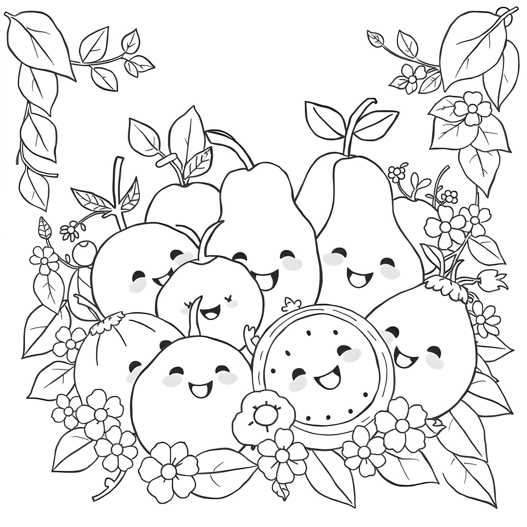 Fruit characters in a floral setting Coloring Page (free black-and-white line drawing printable PDF for all, from beginners to advanced learners, including children, teens, adults, and seniors)