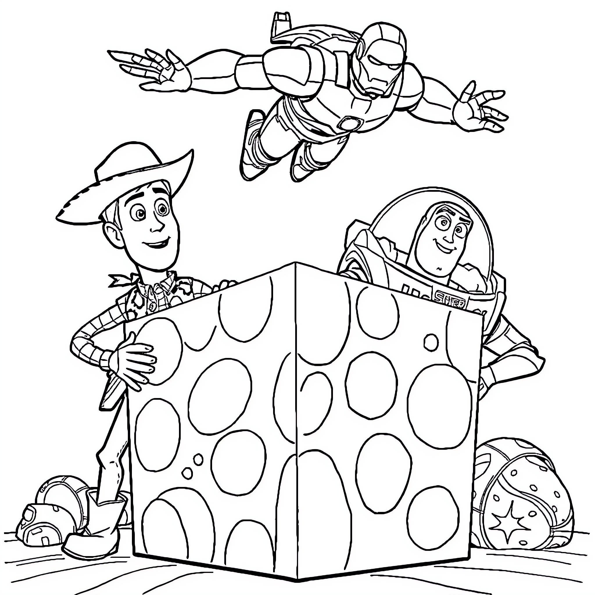 Sheriff Woody and Buzz Lightyear having fun adventures Coloring Page (free black-and-white line drawing printable PDF for all, from beginners to advanced learners, including children, teens, adults, and seniors)
