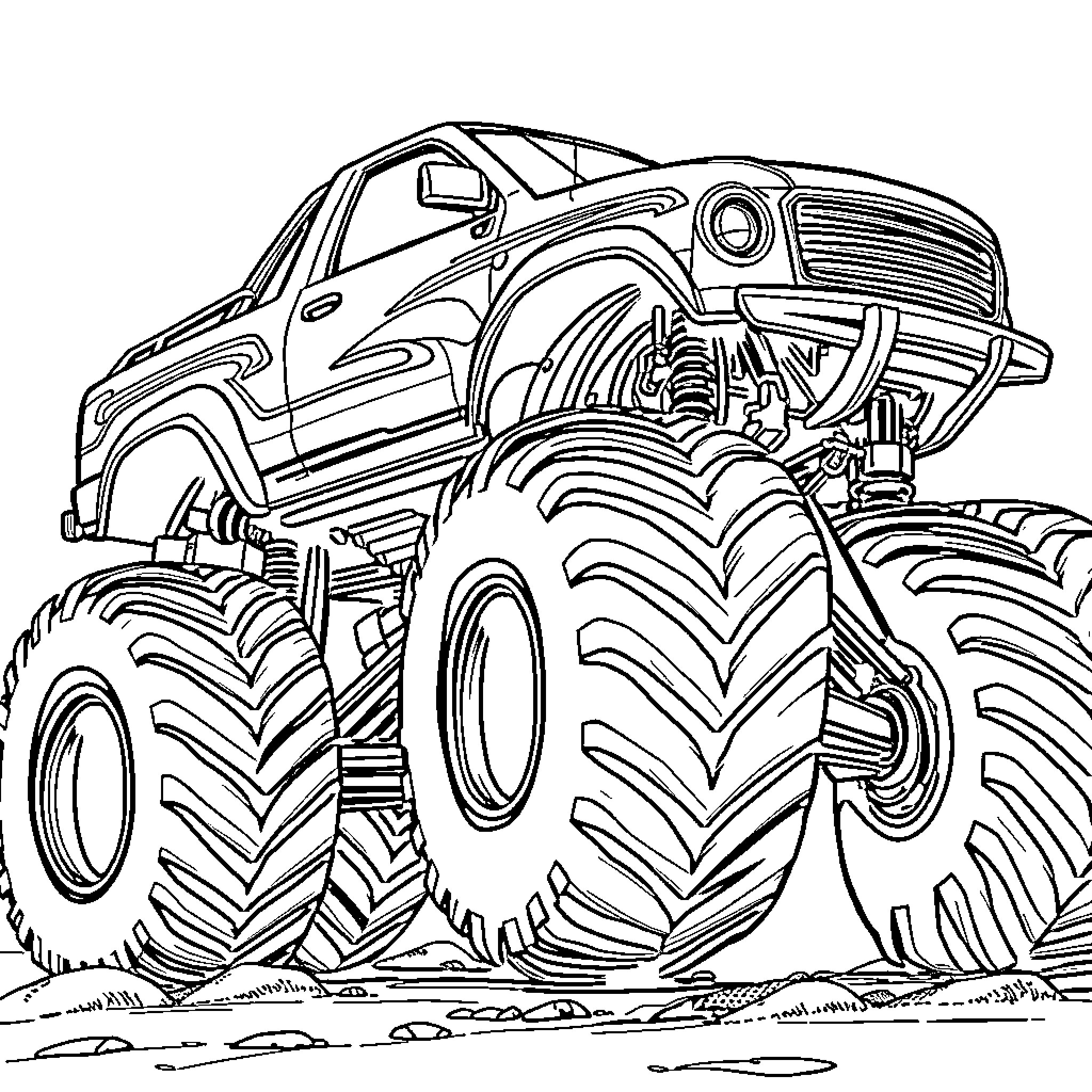 Monster Truck Crushing Obstacles with Powerful Tires Coloring Page (free black-and-white line drawing printable PDF for all, from beginners to advanced learners, including children, teens, adults, and seniors)