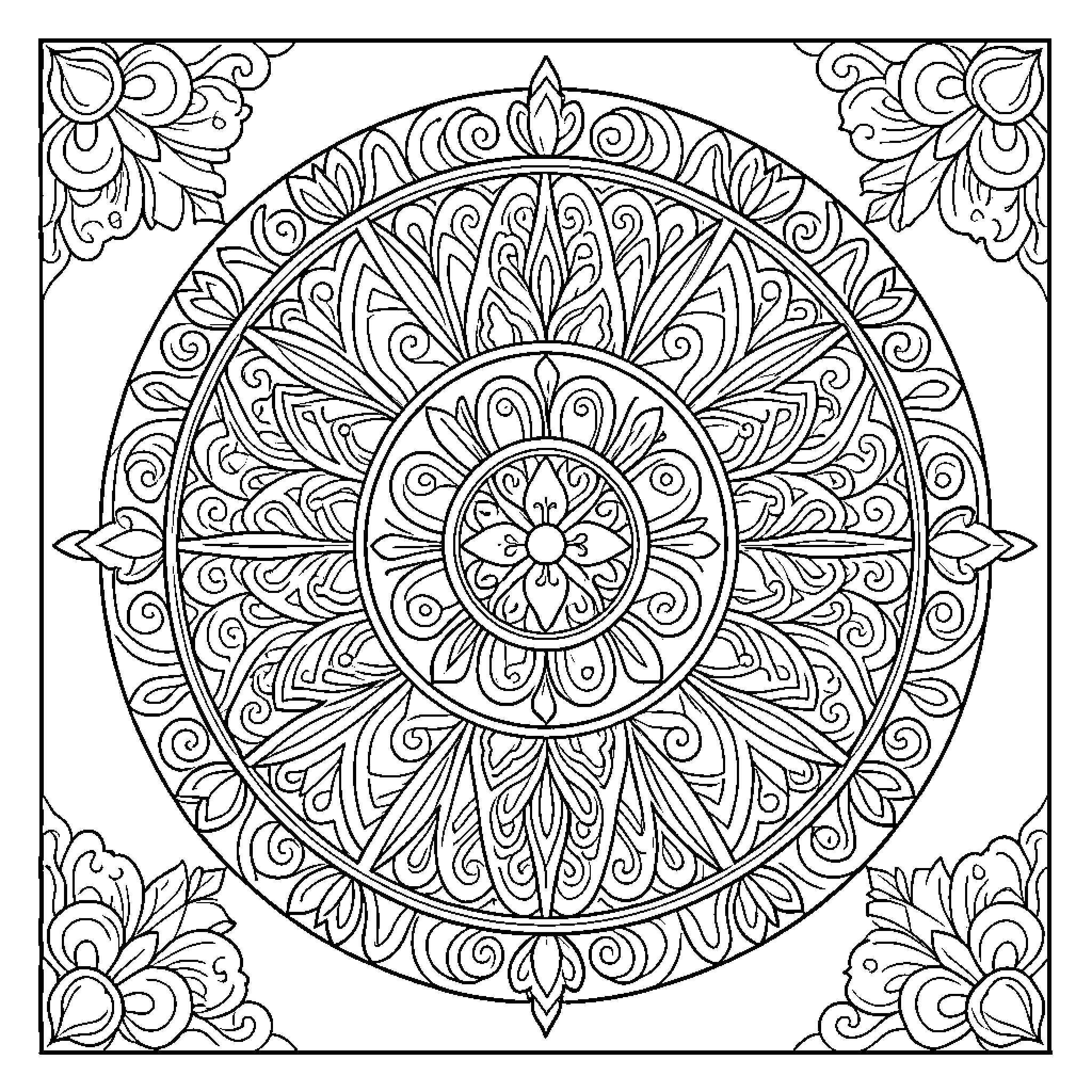 Hmong Motif of Intricate Floral Mandala Coloring Page (free black-and-white line drawing printable PDF for all, from beginners to advanced learners, including children, teens, adults, and seniors)