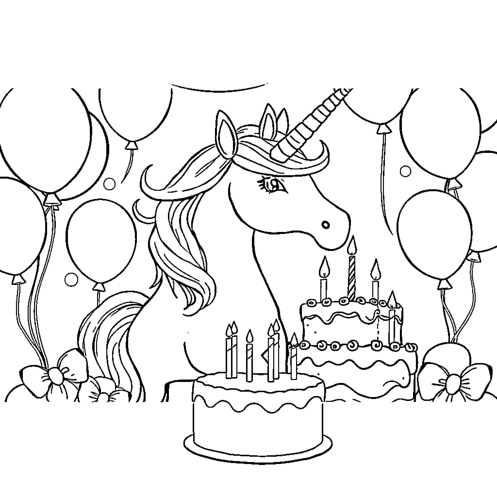 Unicorn celebrating birthday with cake and balloons Coloring Page (free black-and-white line drawing printable PDF for all, from beginners to advanced learners, including children, teens, adults, and seniors)