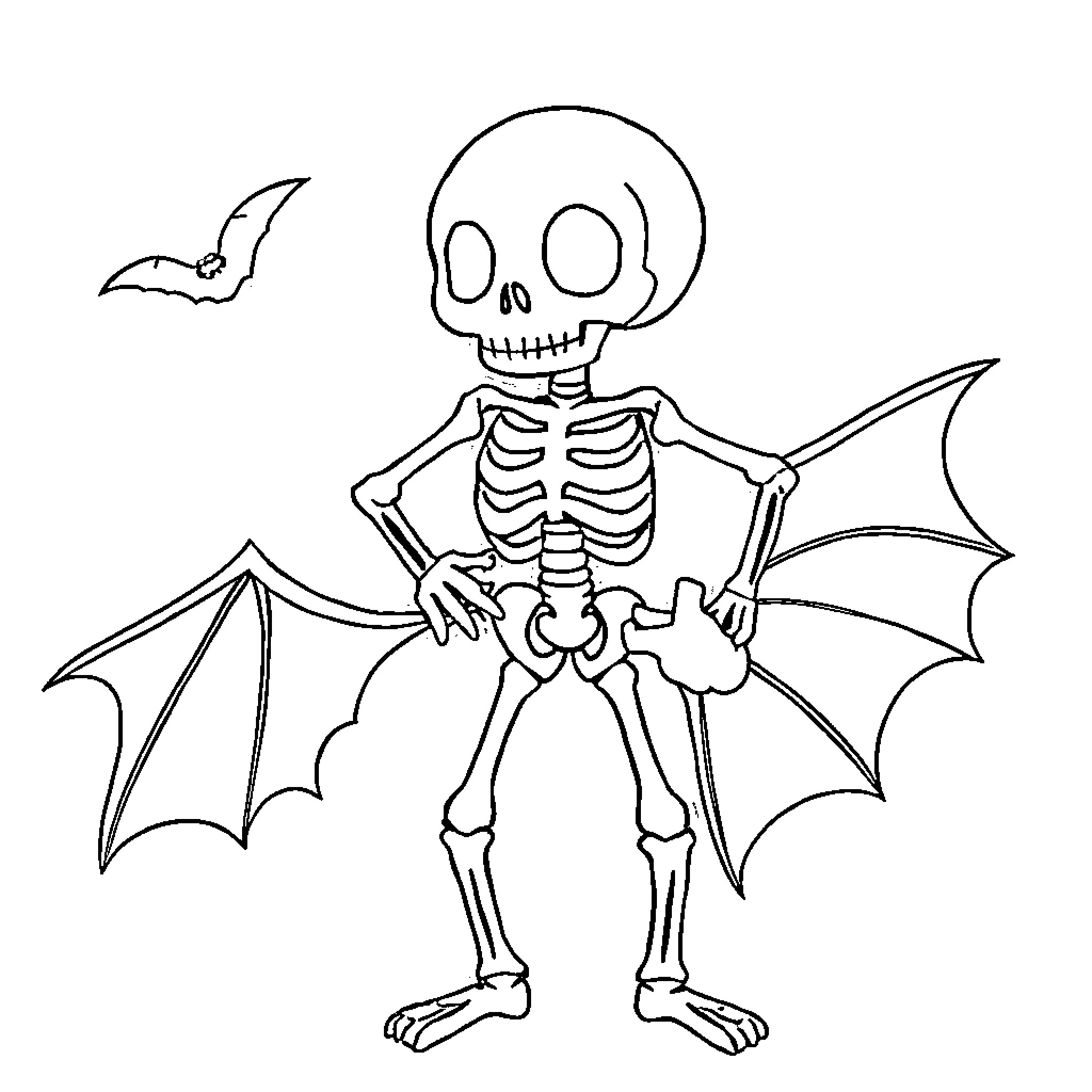 Skeleton with bat wings flaunting its skeleton form Coloring Page (free black-and-white line drawing printable PDF for all, from beginners to advanced learners, including children, teens, adults, and seniors)