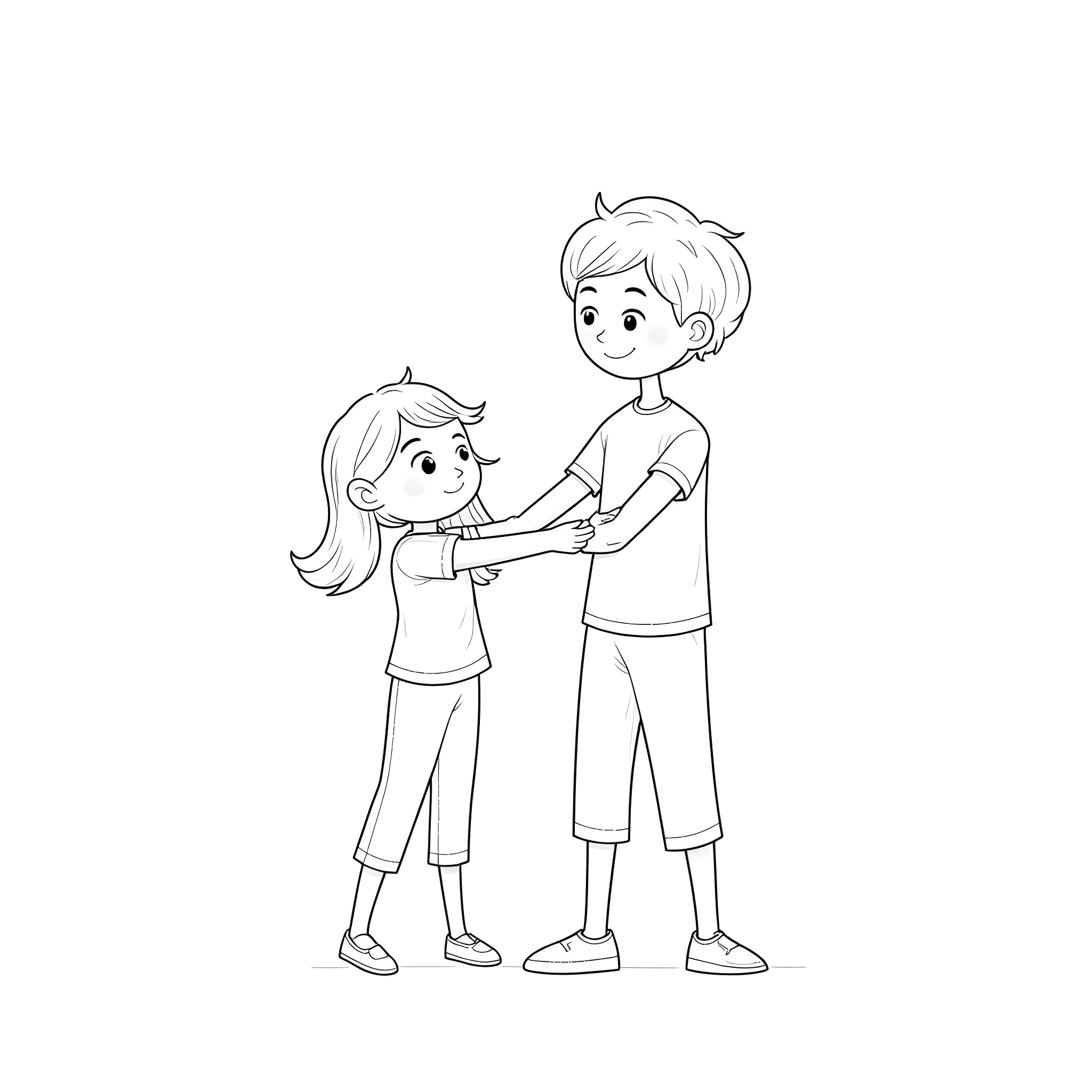 Child siblings playing and holding hands Coloring Page (free black-and-white line drawing printable PDF for all, from beginners to advanced learners, including children, teens, adults, and seniors)