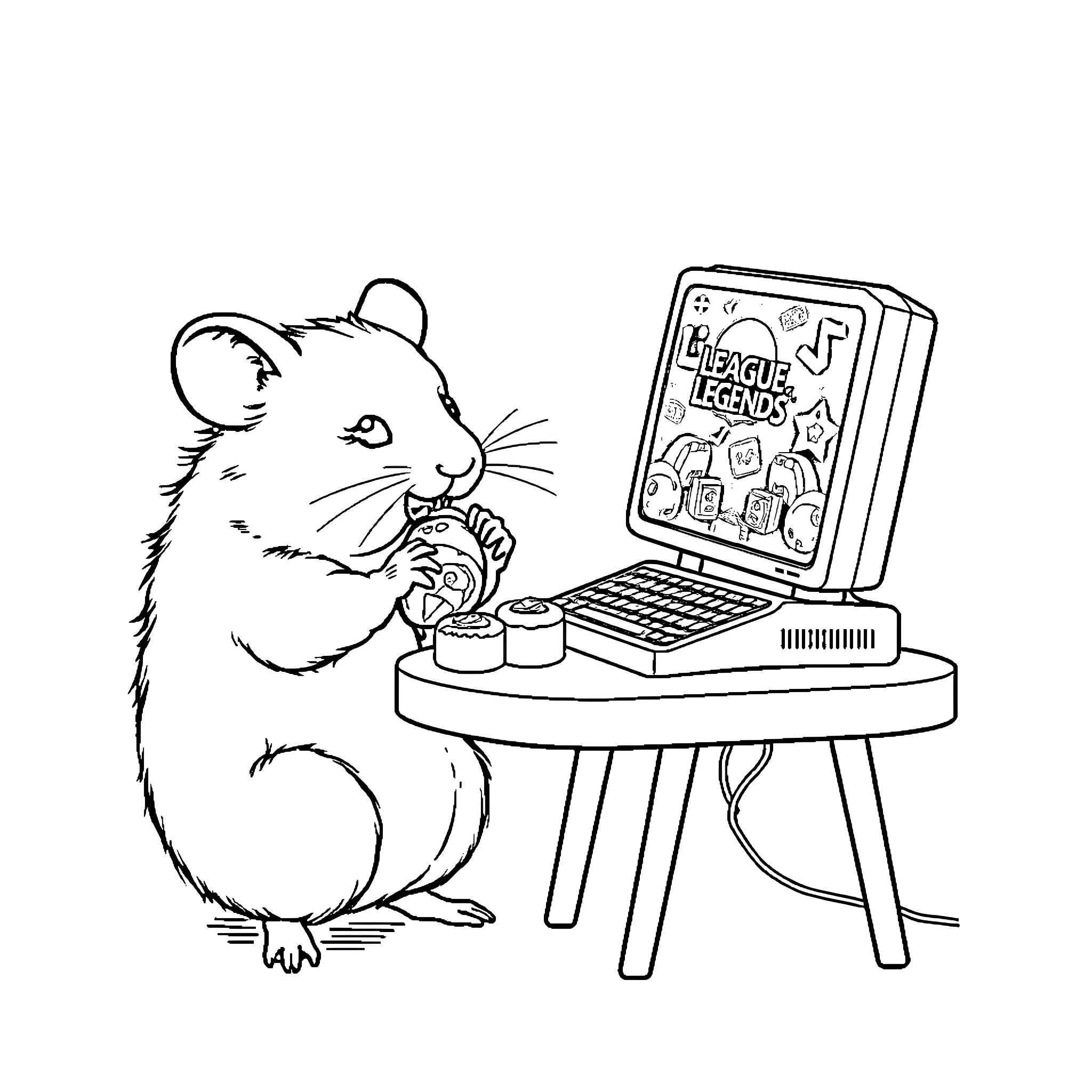 Hamster playing video games on a computer Coloring Page (free black-and-white line drawing printable PDF for all, from beginners to advanced learners, including children, teens, adults, and seniors)