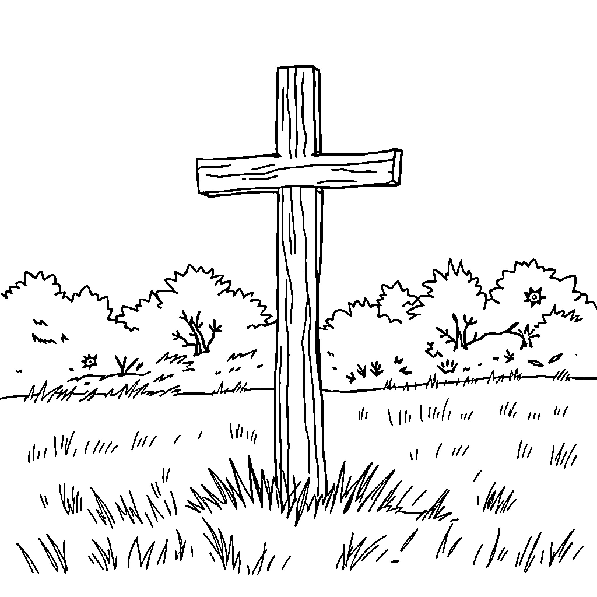Cross Standing Tall in Grassy Landscape Coloring Page (free black-and-white line drawing printable PDF for all, from beginners to advanced learners, including children, teens, adults, and seniors)