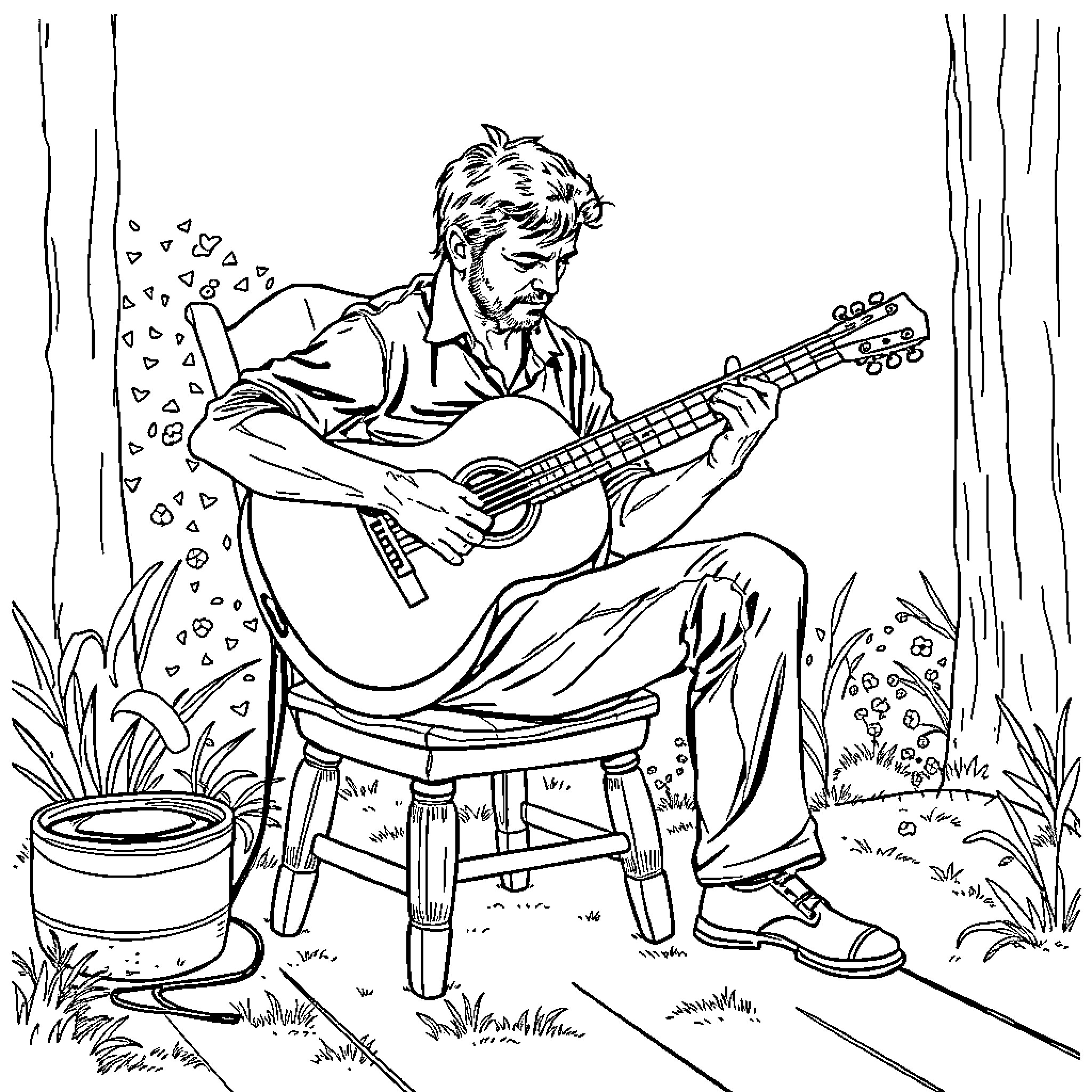 Guitar player relaxing in nature Coloring Page (free black-and-white line drawing printable PDF for all, from beginners to advanced learners, including children, teens, adults, and seniors)