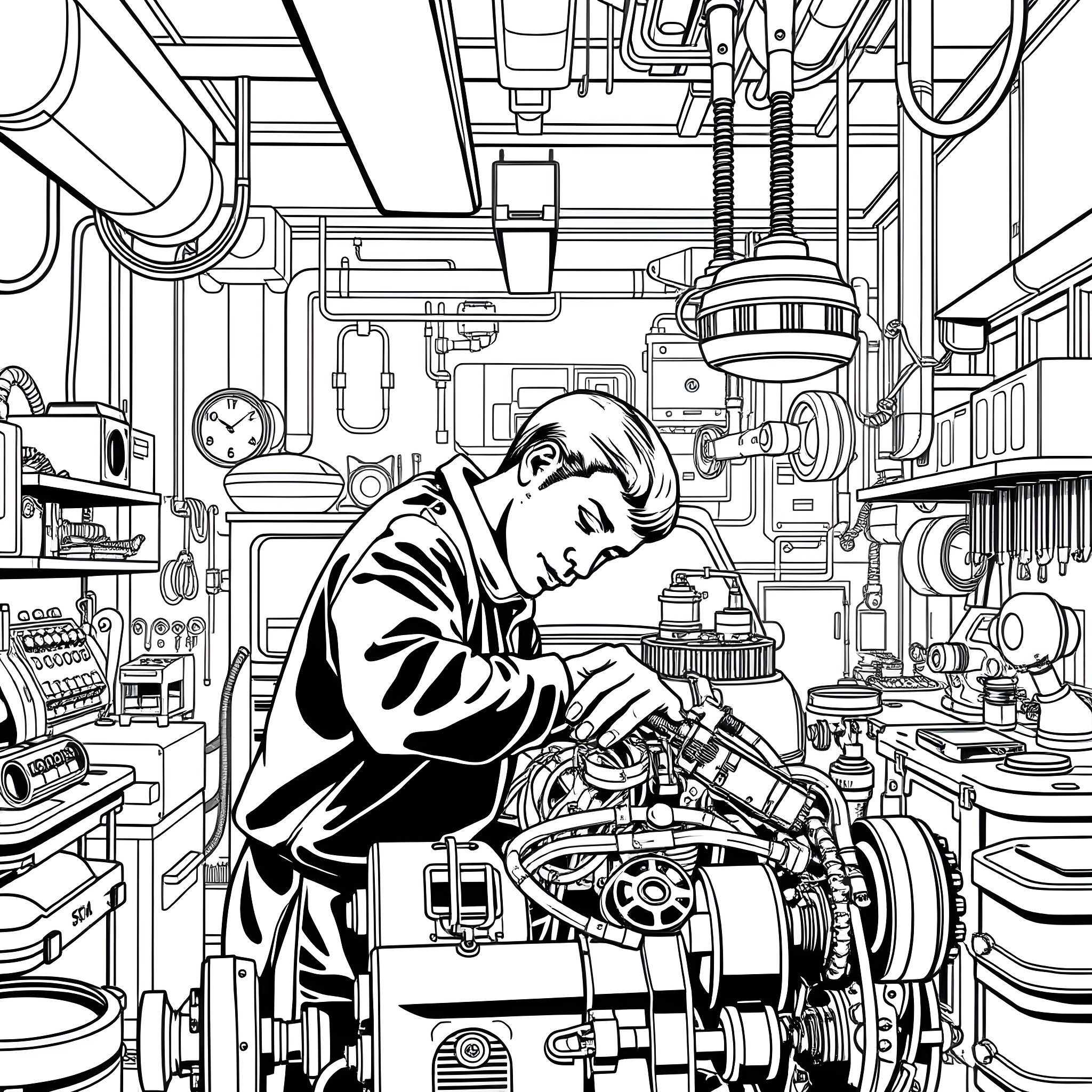 Mechanic Examining Engine in a Cluttered Workshop Coloring Page (free black-and-white line drawing printable PDF for all, from beginners to advanced learners, including children, teens, adults, and seniors)