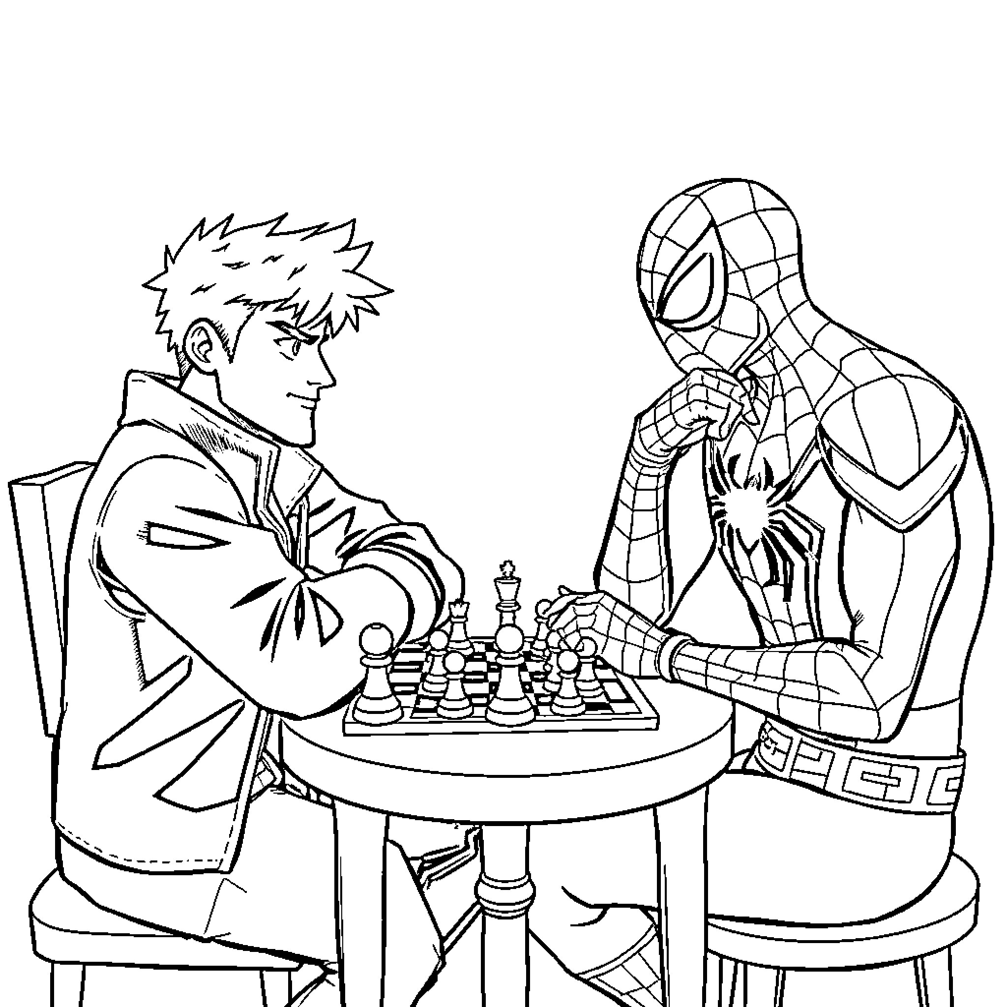 Leon and Spider-Man playing chess together Coloring Page (free black-and-white line drawing printable PDF for all, from beginners to advanced learners, including children, teens, adults, and seniors)