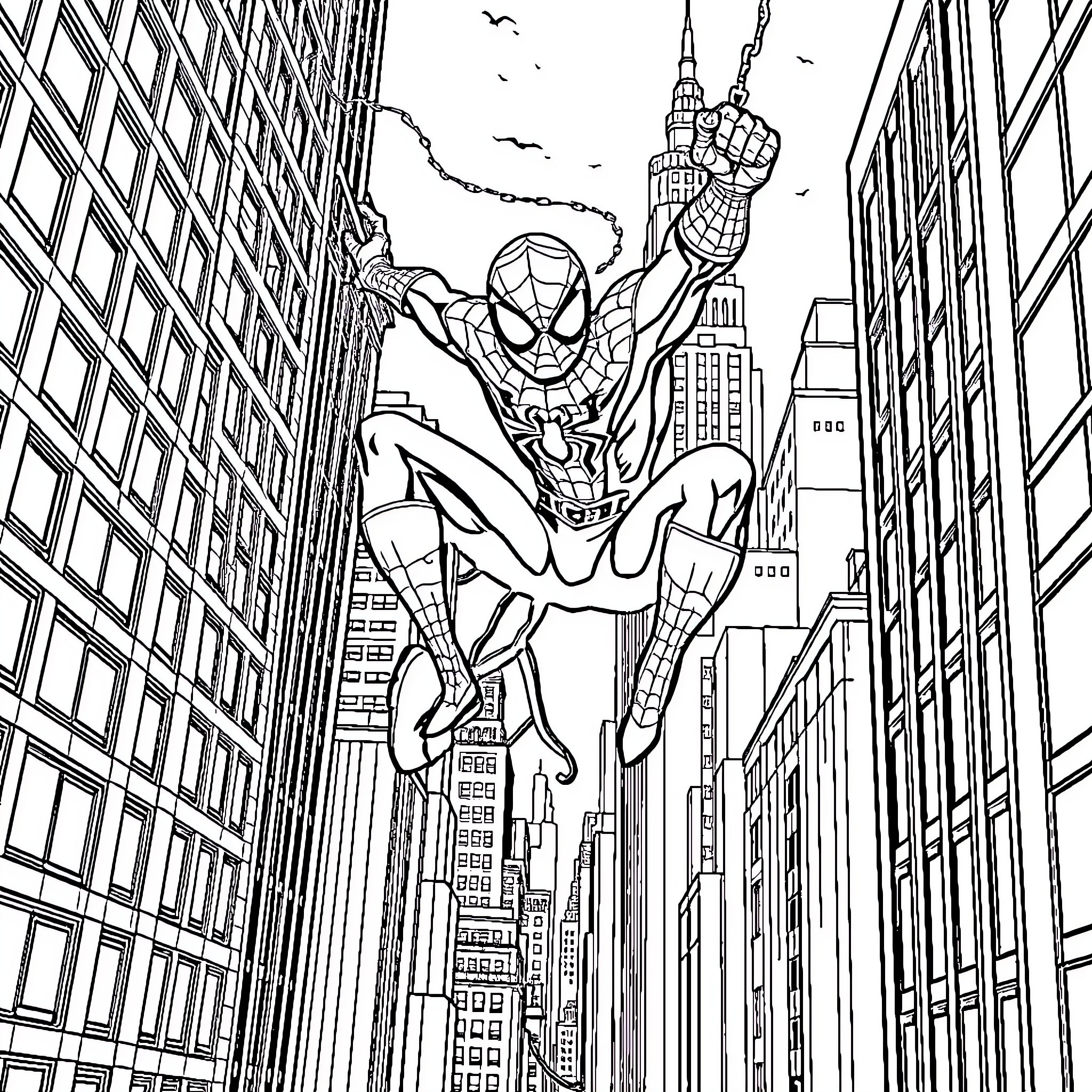 Spidey swinging through the city skyline Coloring Page (free black-and-white line drawing printable PDF for all, from beginners to advanced learners, including children, teens, adults, and seniors)