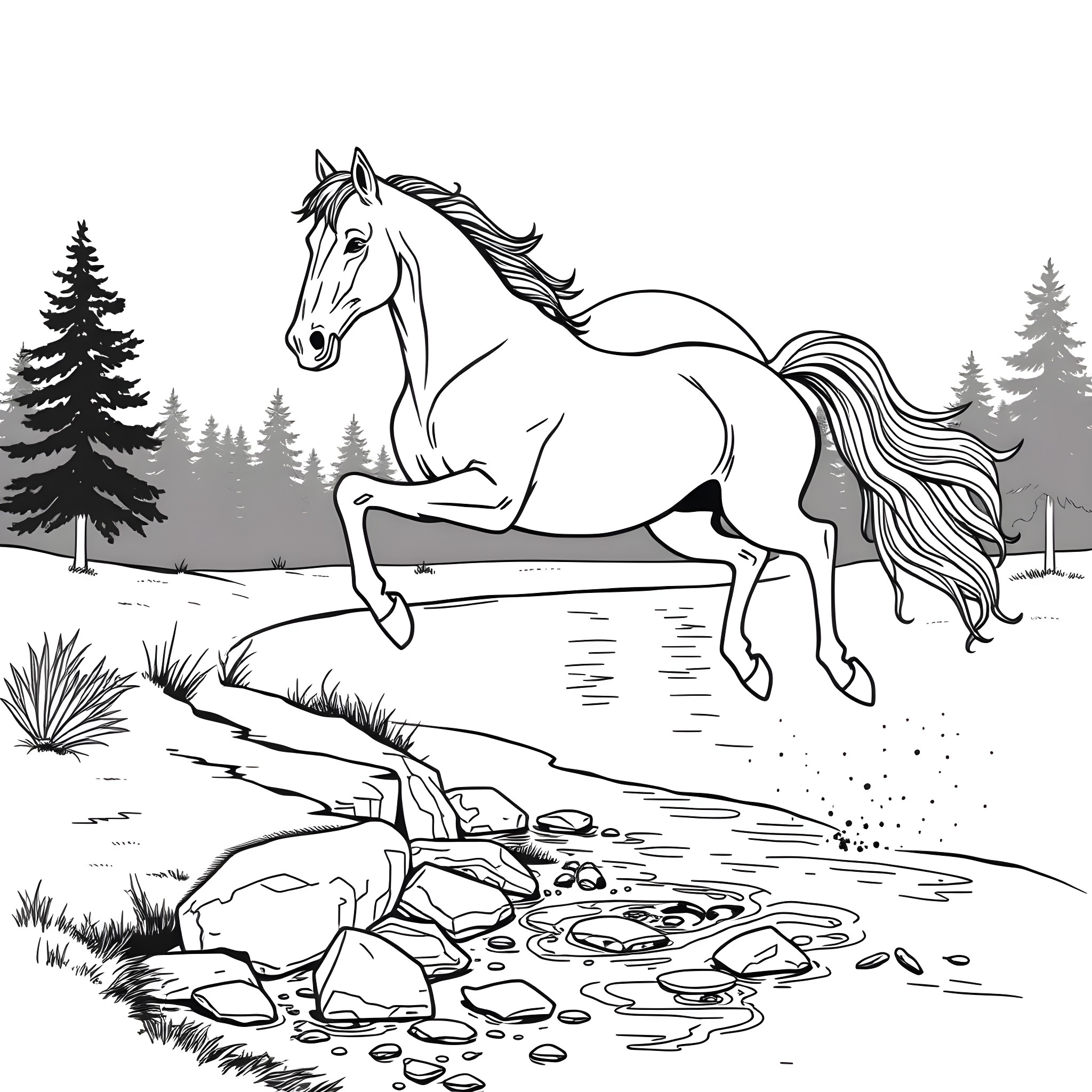 Horse galloping through scenic mountain landscape Coloring Page (free black-and-white line drawing printable PDF for all, from beginners to advanced learners, including children, teens, adults, and seniors)
