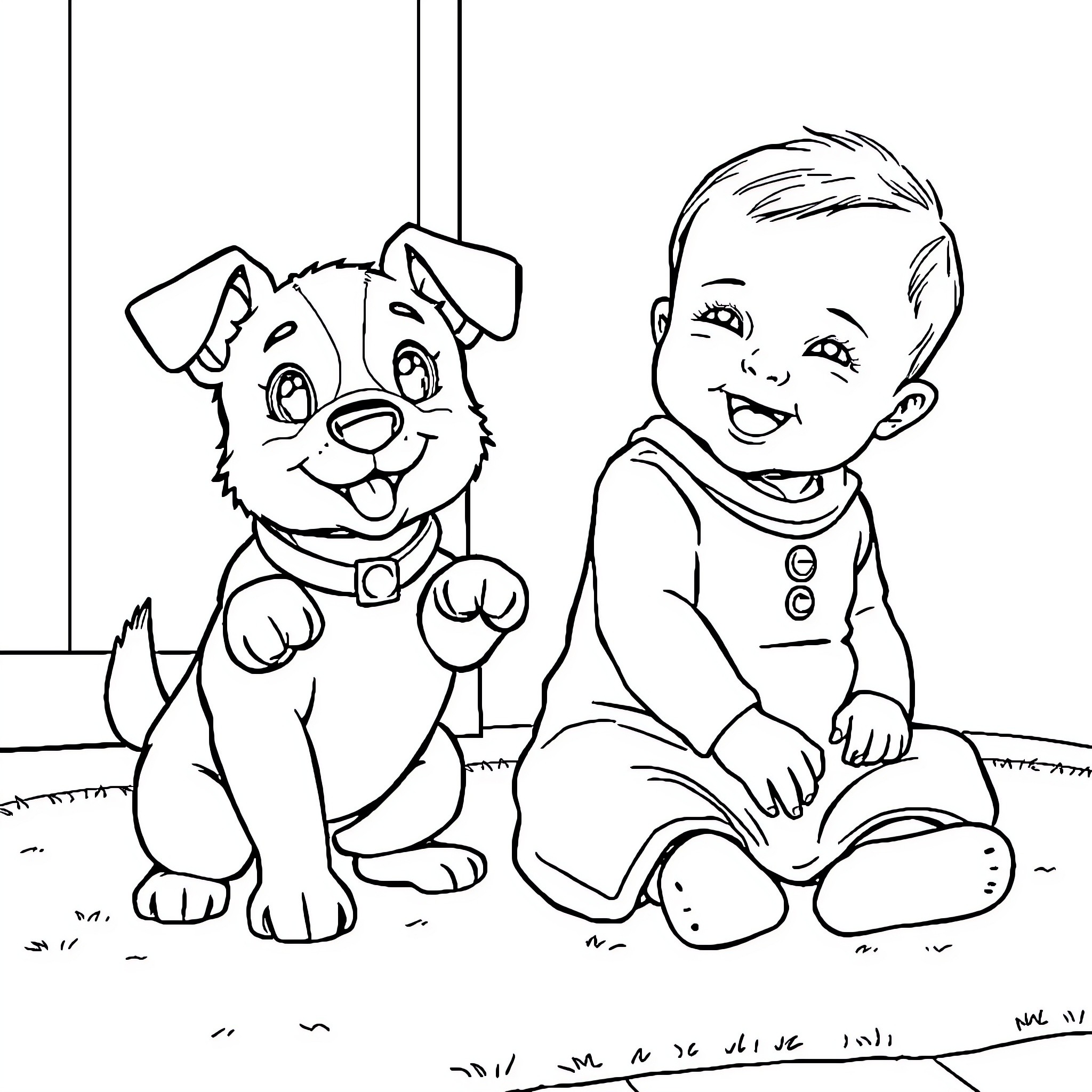 Dog and child playing together happily Coloring Page (free black-and-white line drawing printable PDF for all, from beginners to advanced learners, including children, teens, adults, and seniors)