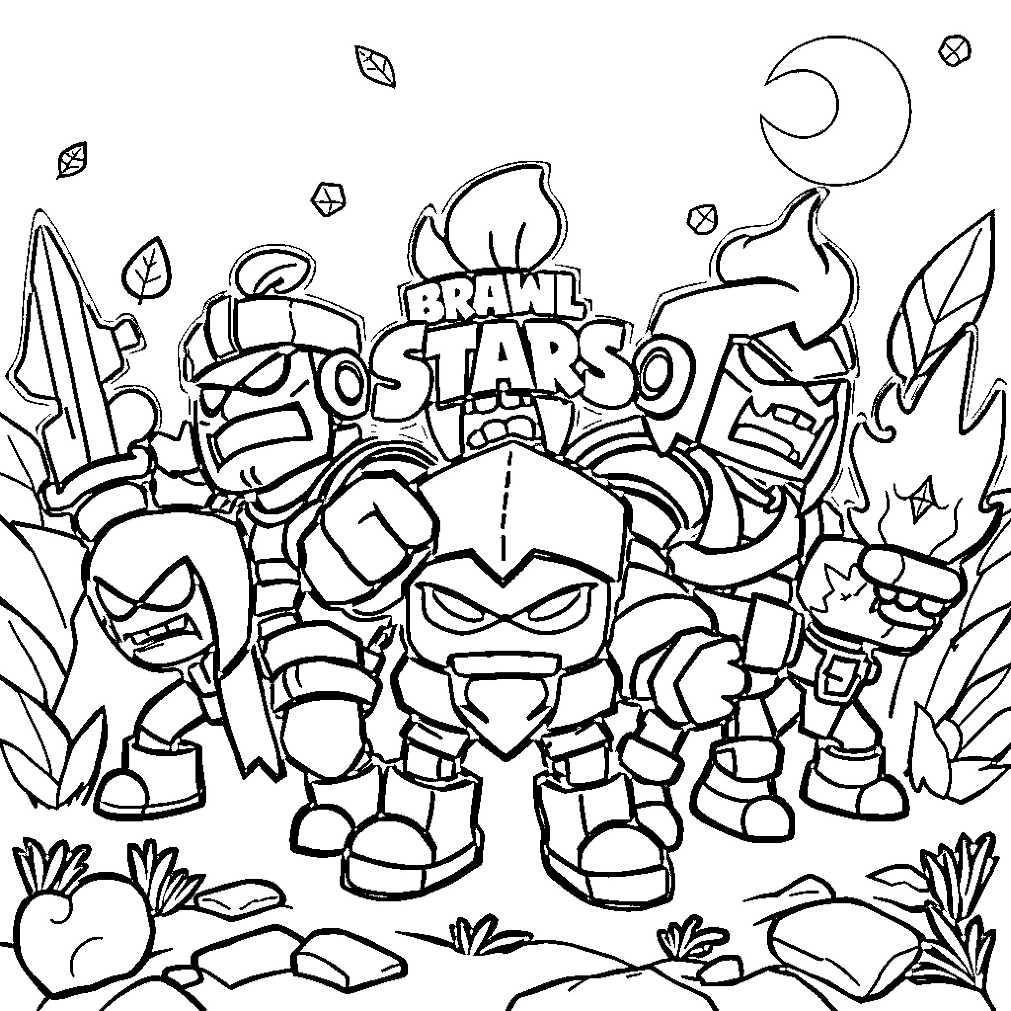 Fighter characters in Brawl Stars battle scene Coloring Page (free black-and-white line drawing printable PDF for all, from beginners to advanced learners, including children, teens, adults, and seniors)