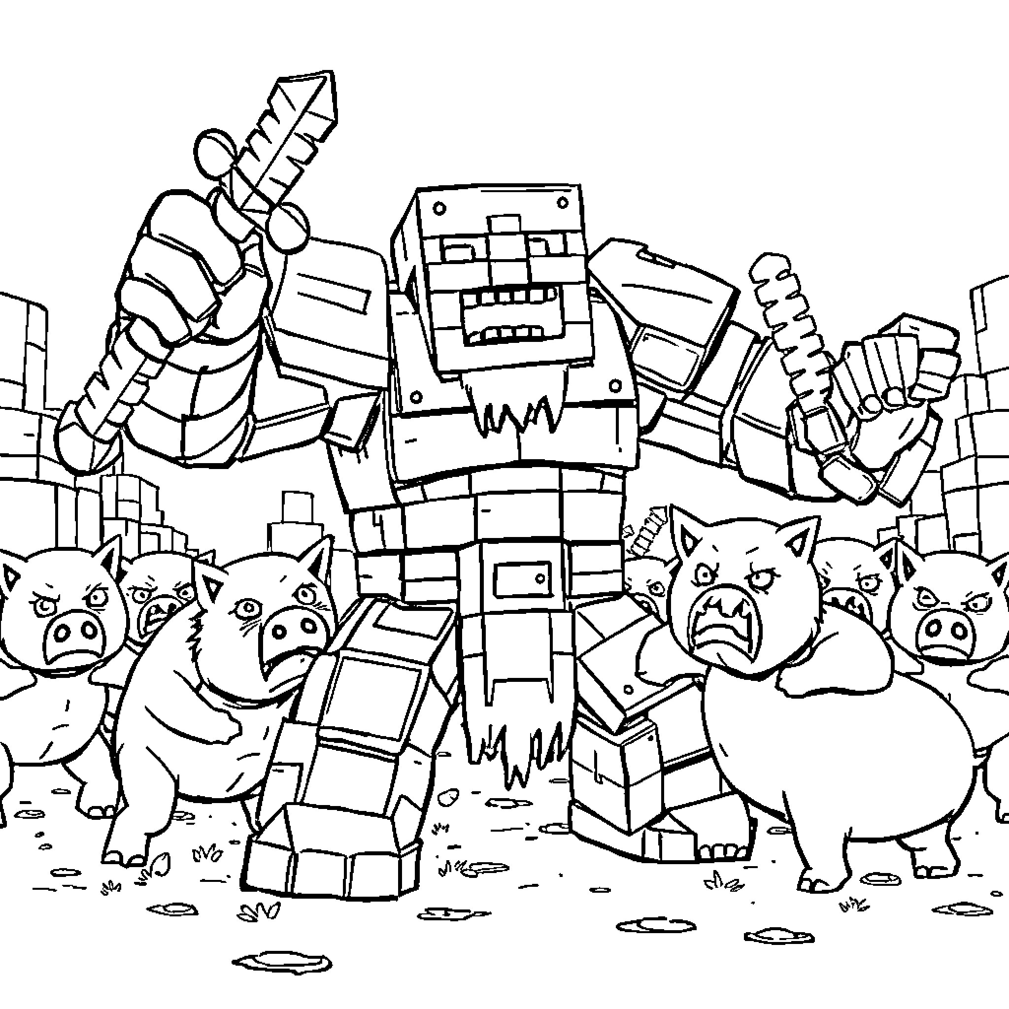 Iron Golem Confronted by Pigs in a Ruined City Coloring Page (free black-and-white line drawing printable PDF for all, from beginners to advanced learners, including children, teens, adults, and seniors)