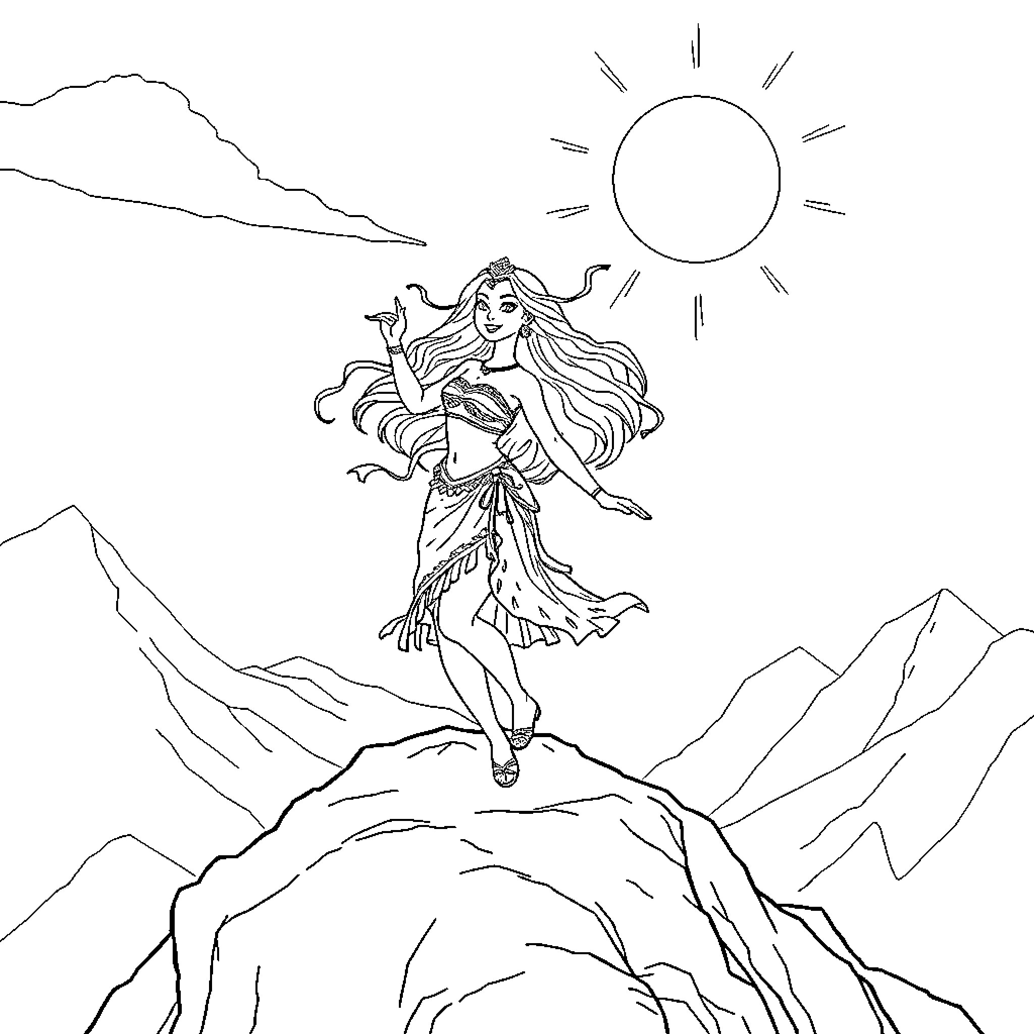 Vaiana exploring the mystic mountains Coloring Page (free black-and-white line drawing printable PDF for all, from beginners to advanced learners, including children, teens, adults, and seniors)