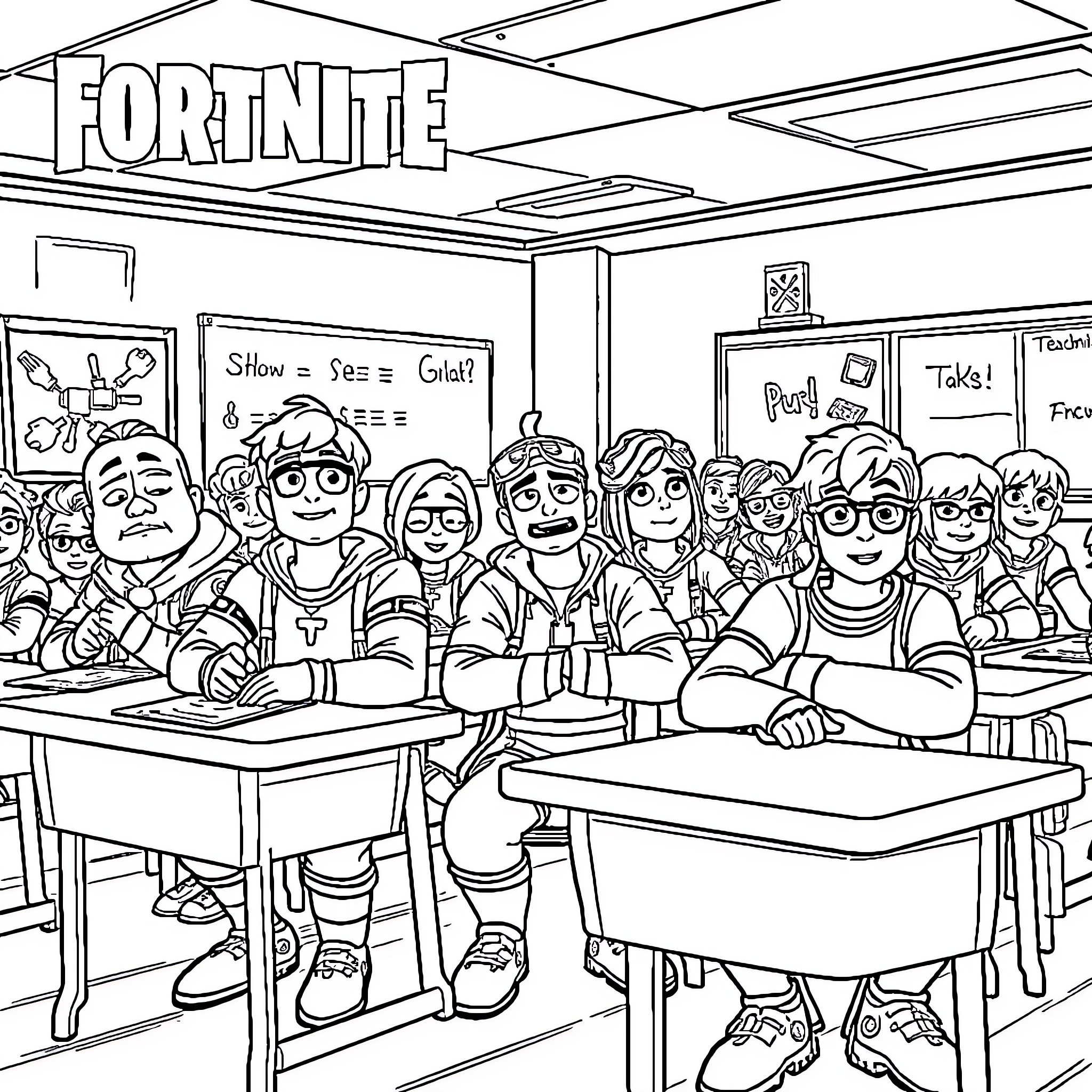 Fortnite Character Classroom Scene with Students Coloring Page (free black-and-white line drawing printable PDF for all, from beginners to advanced learners, including children, teens, adults, and seniors)