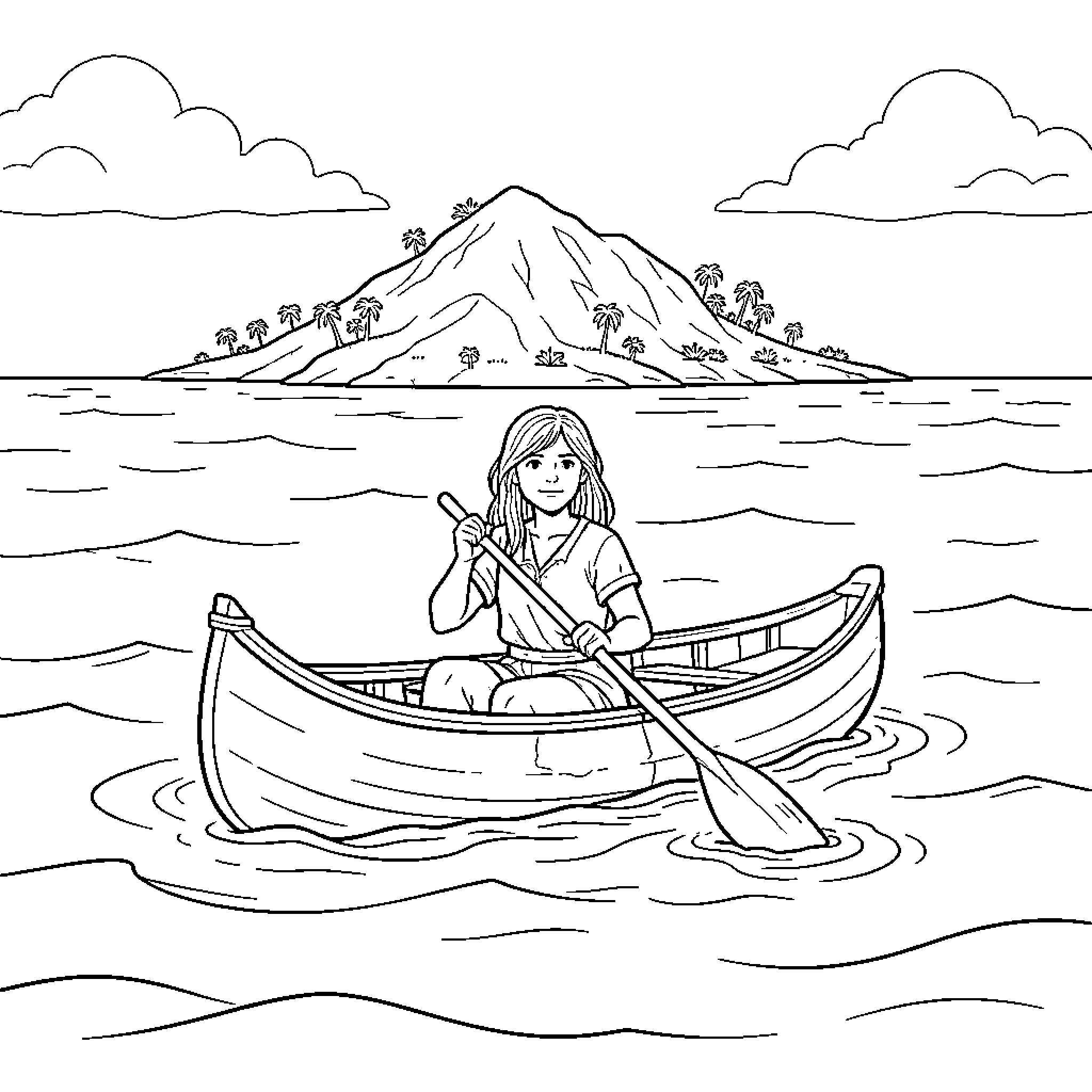 Karana paddling a canoe through calm ocean waves Coloring Page (free black-and-white line drawing printable PDF for all, from beginners to advanced learners, including children, teens, adults, and seniors)