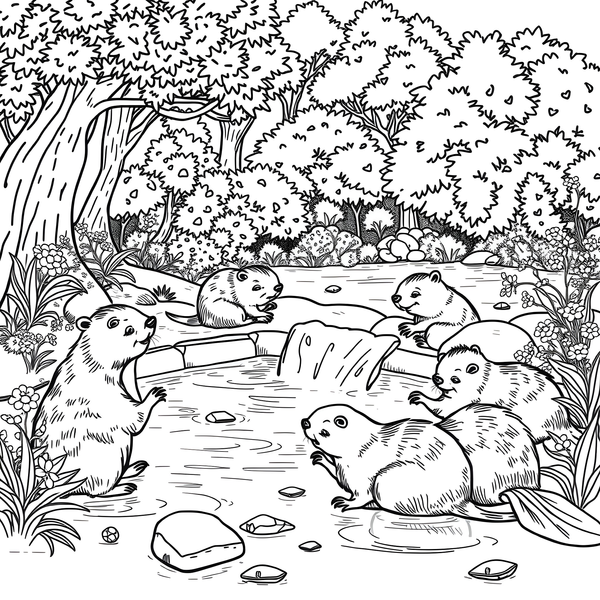 Beaver Beavers Splashing and Playing in the Forest Pond Coloring Page (free black-and-white line drawing printable PDF for all, from beginners to advanced learners, including children, teens, adults, and seniors)