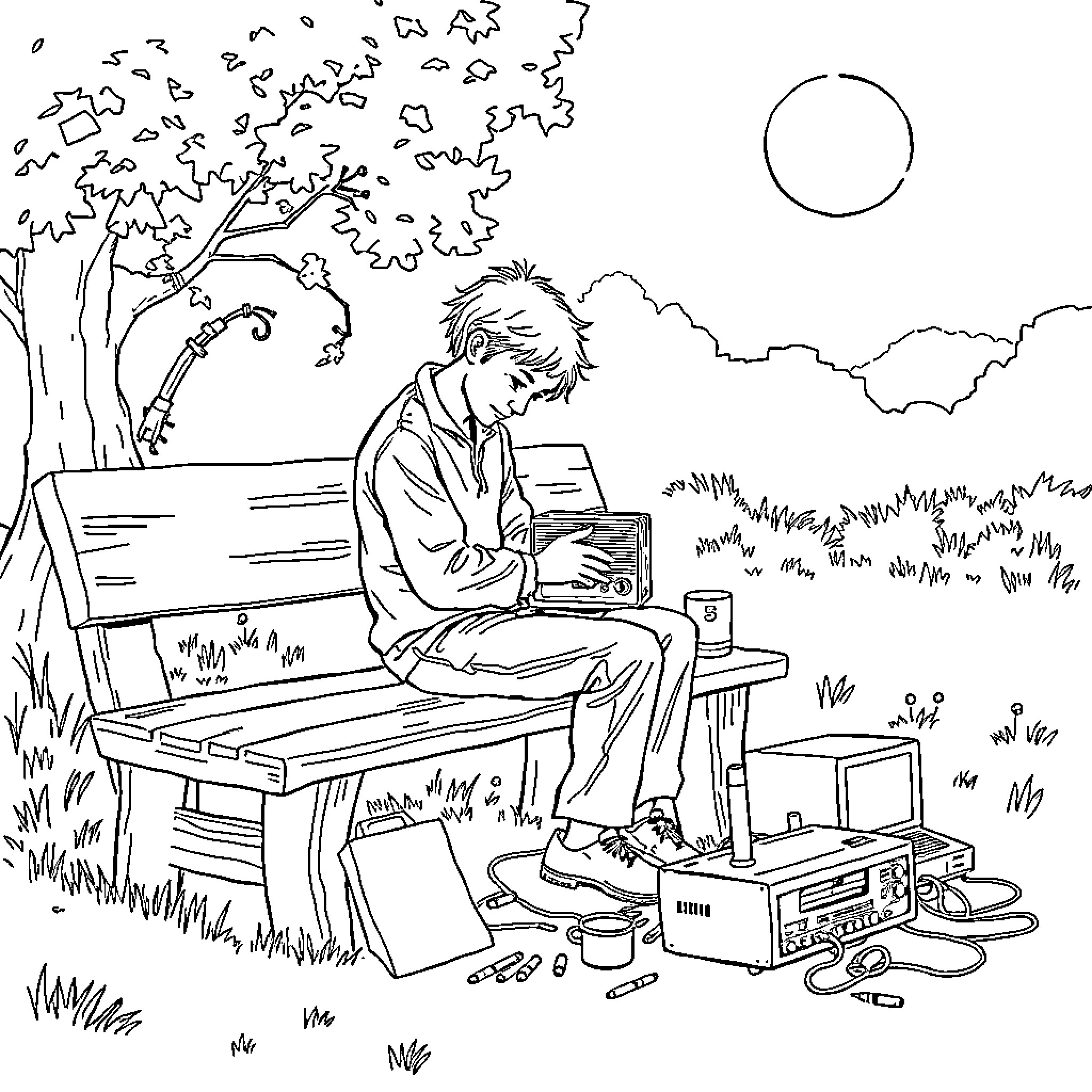 Person relaxing with electronics in outdoor setting Coloring Page (free black-and-white line drawing printable PDF for all, from beginners to advanced learners, including children, teens, adults, and seniors)