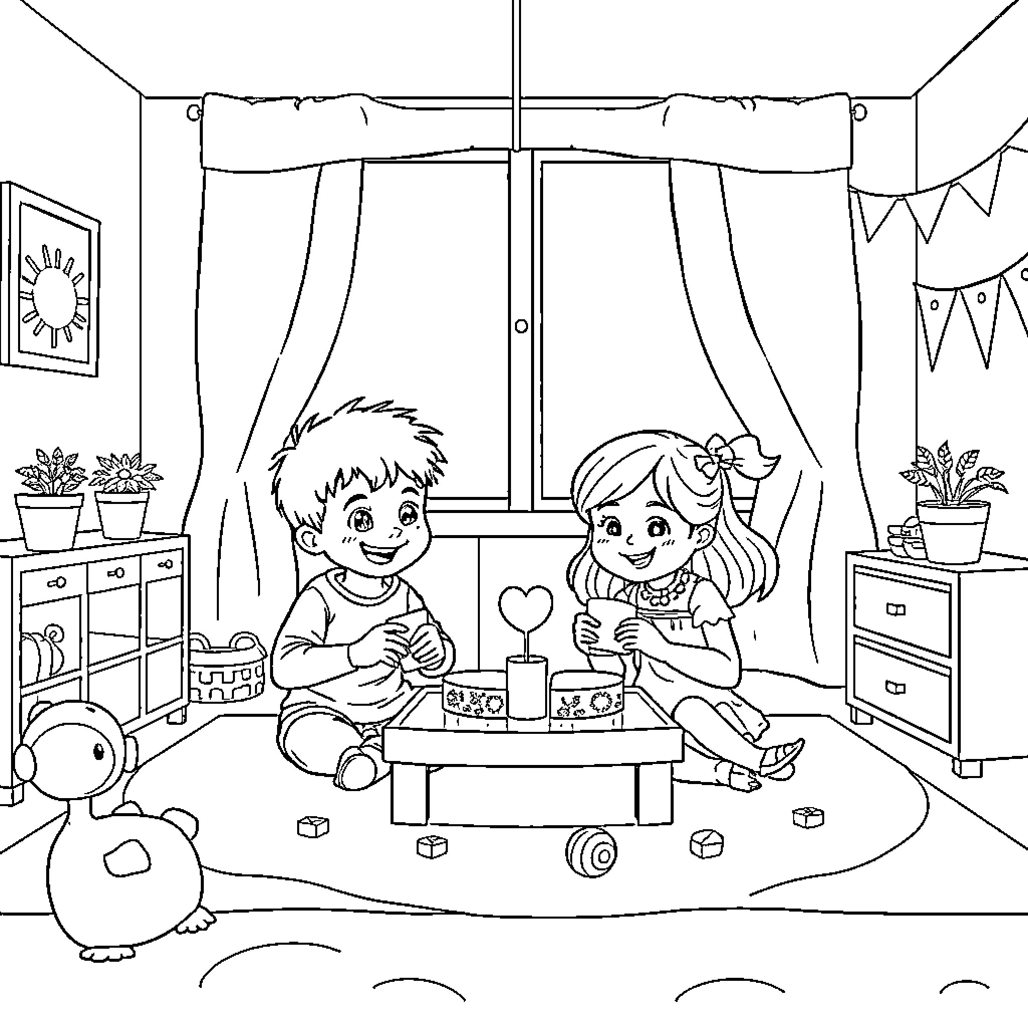 Twin siblings playing in cozy bedroom Coloring Page (free black-and-white line drawing printable PDF for all, from beginners to advanced learners, including children, teens, adults, and seniors)